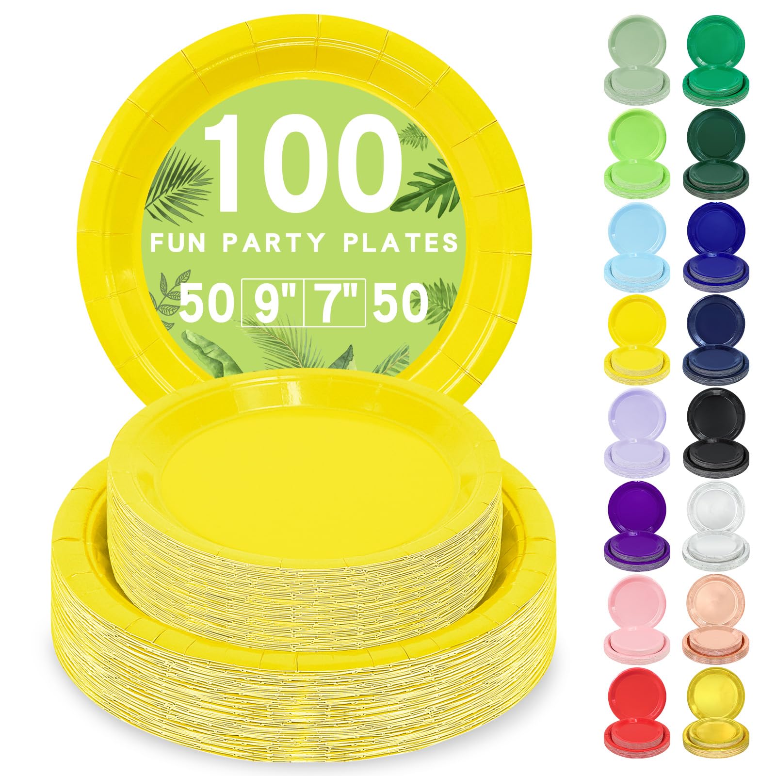 LANLISA 100 Yellow Paper Plates Set Includes 50-9 & 50-7 Disposable Dessert Cake Paper Plates For Party Supplies