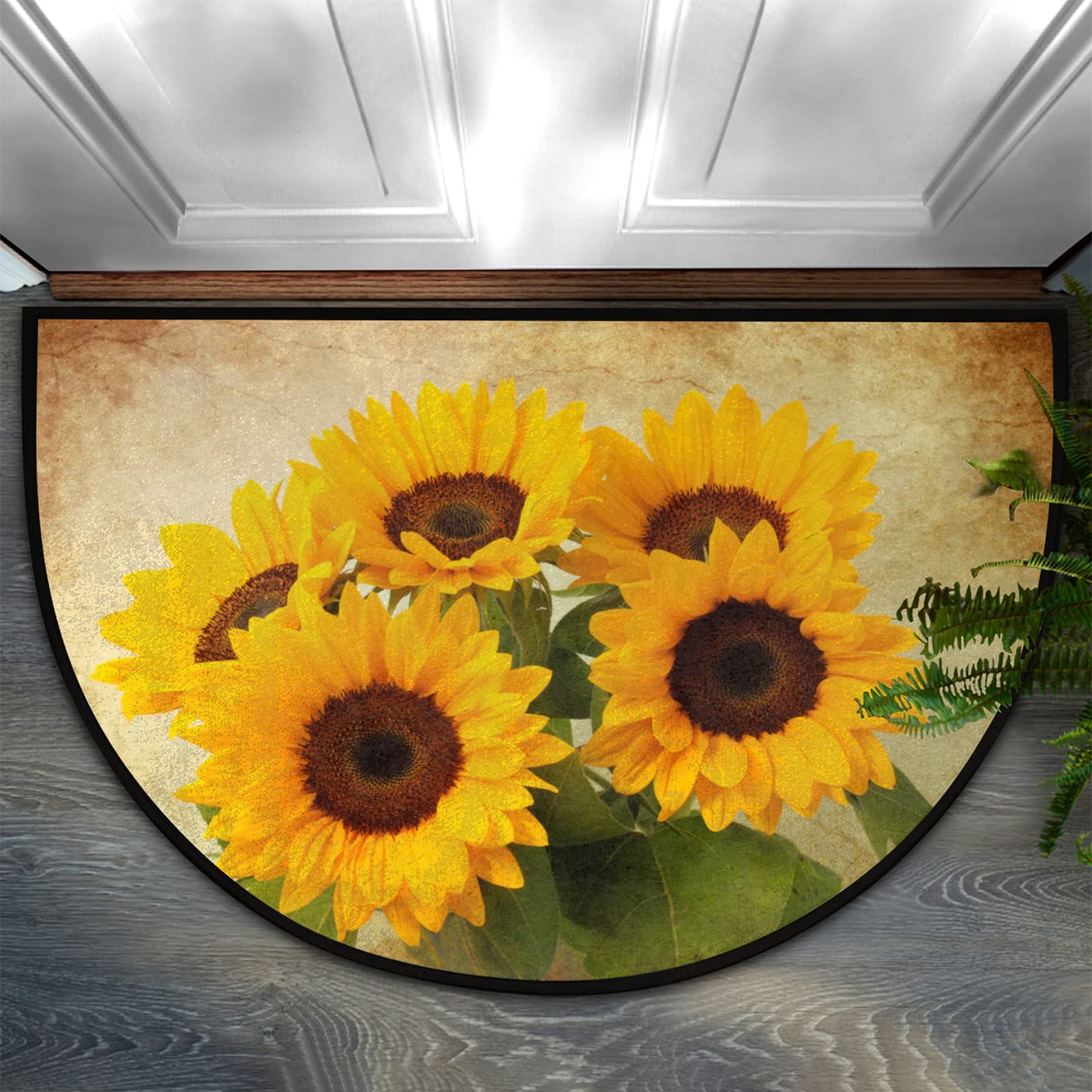 Pardick Half Round Doormat Retro Flower Sunflower Non-Slip Half Circle Area Rug Durable Washable Runner Mat for Living Room Bedr
