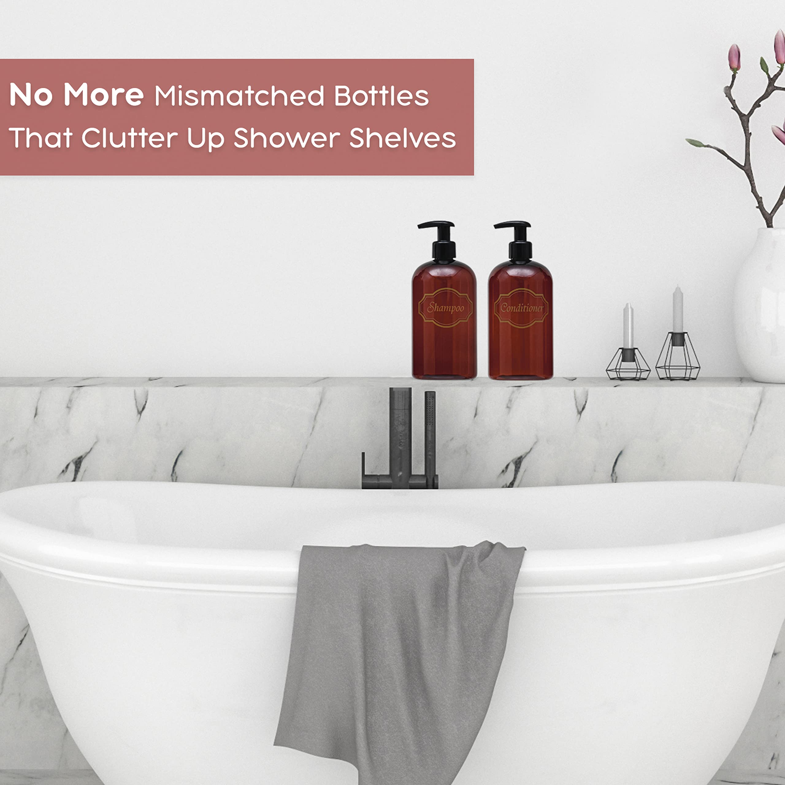 Bottiful Home-16 Oz Amber Shampoo And Conditioner Shower Soap Dispensers-2 Refillable Empty Pet Plastic Pump Bottle Shower Conta