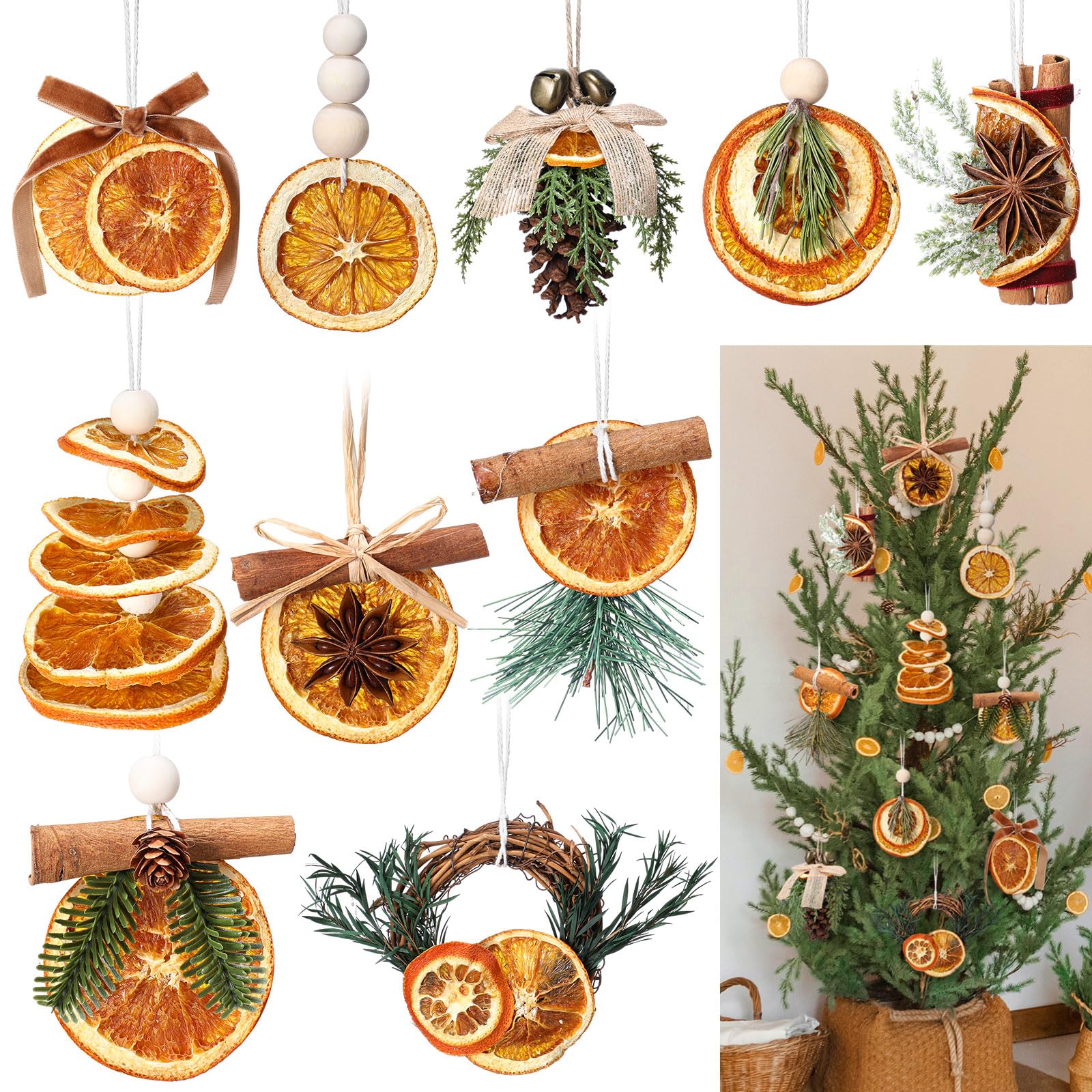 Amyhill 10 Pcs Christmas Dried Orange Slice Ornaments Handmade Rustic Christmas Tree Decorations Natural Beaded Pine Cones Cinna