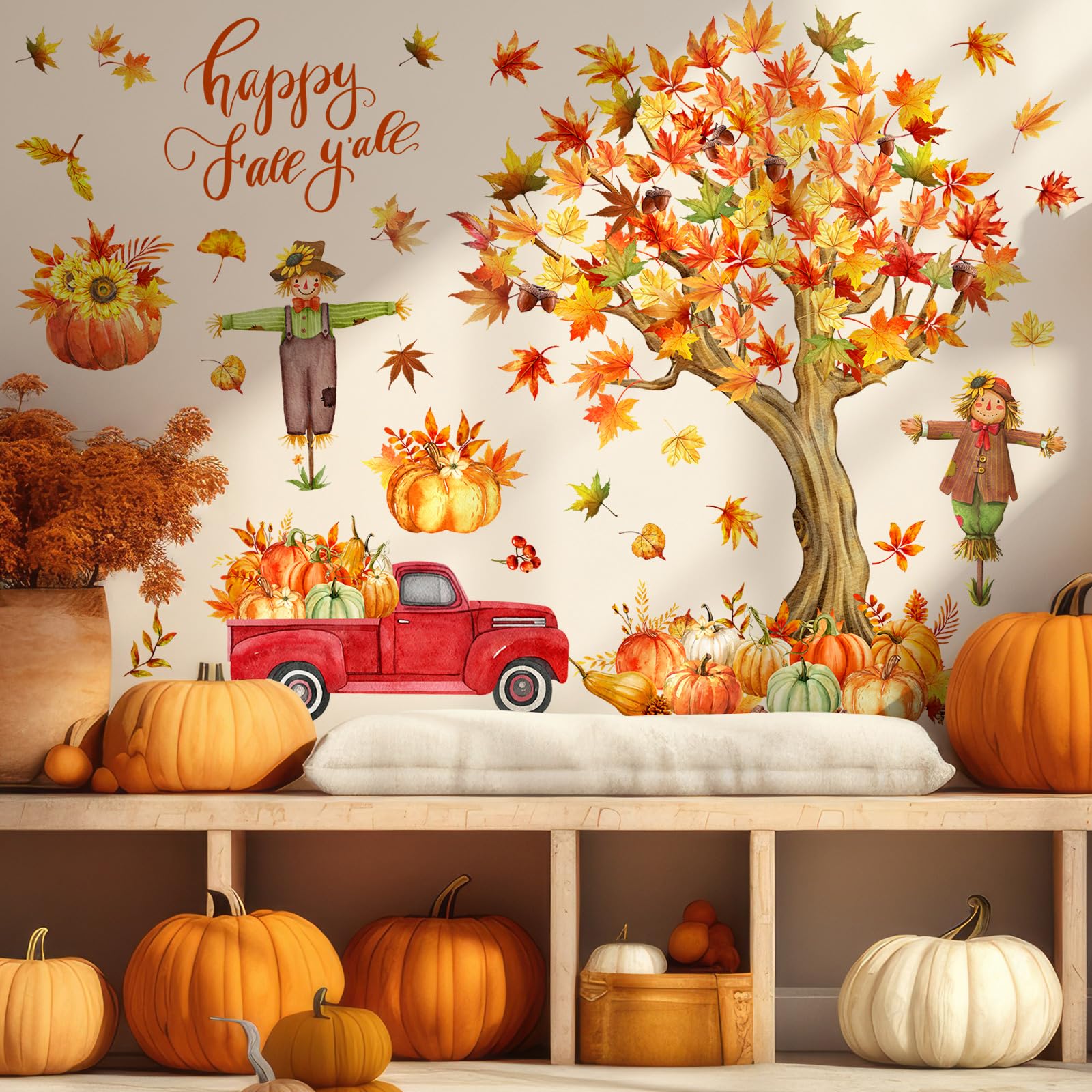 Resurhang Fall Maple Leaves Wall Decals Fall Tree Scarecrow Pumpkin Truck Wall Decor Sticker Thanksgiving Removable Fall Leaves