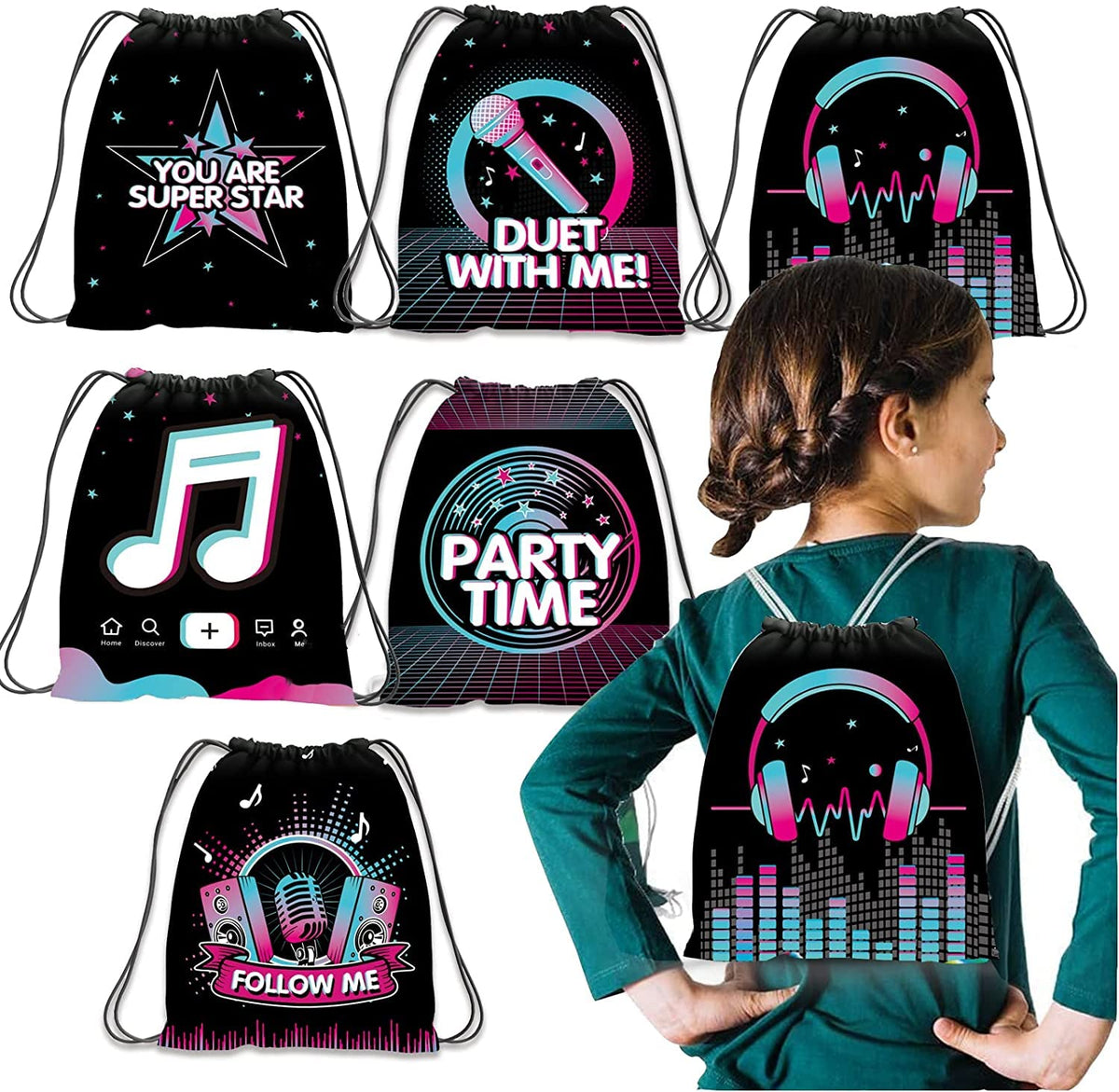 12 Pack Music Party Supplies Favor Drawstring Bags For Kids' Birthday, Boys Girls Music Tiktok Drawstring Backpack Bag As Loot A