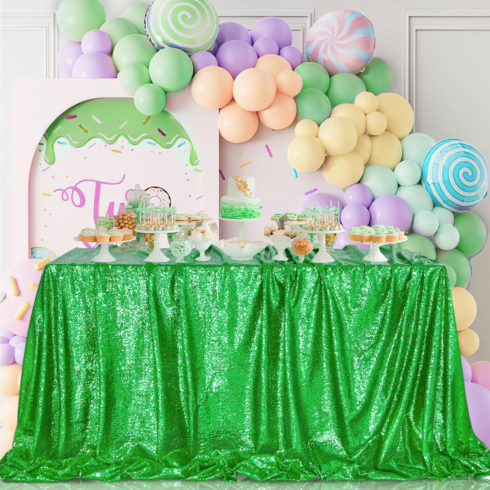 Queendream Rectangle Tablecloth 90X132 Inches Green Sequin Table Clothes Overlay Birthday Decorations
