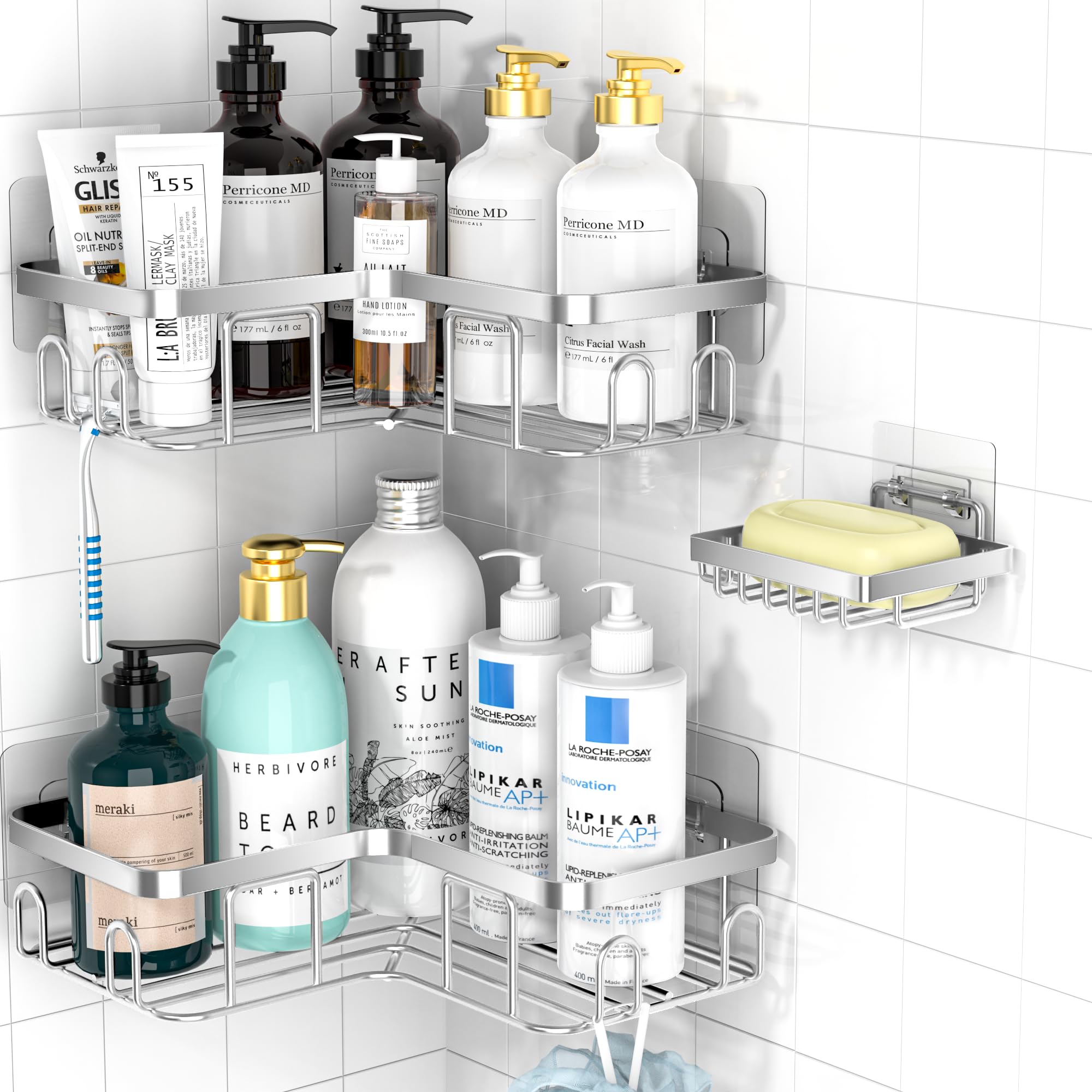 Moforoco Corner Shower Caddy, 3 Pack Shower Organizer Shelf With Soap Holder And 12 Hooks, Adhesive Shower Shelves Rustproof For