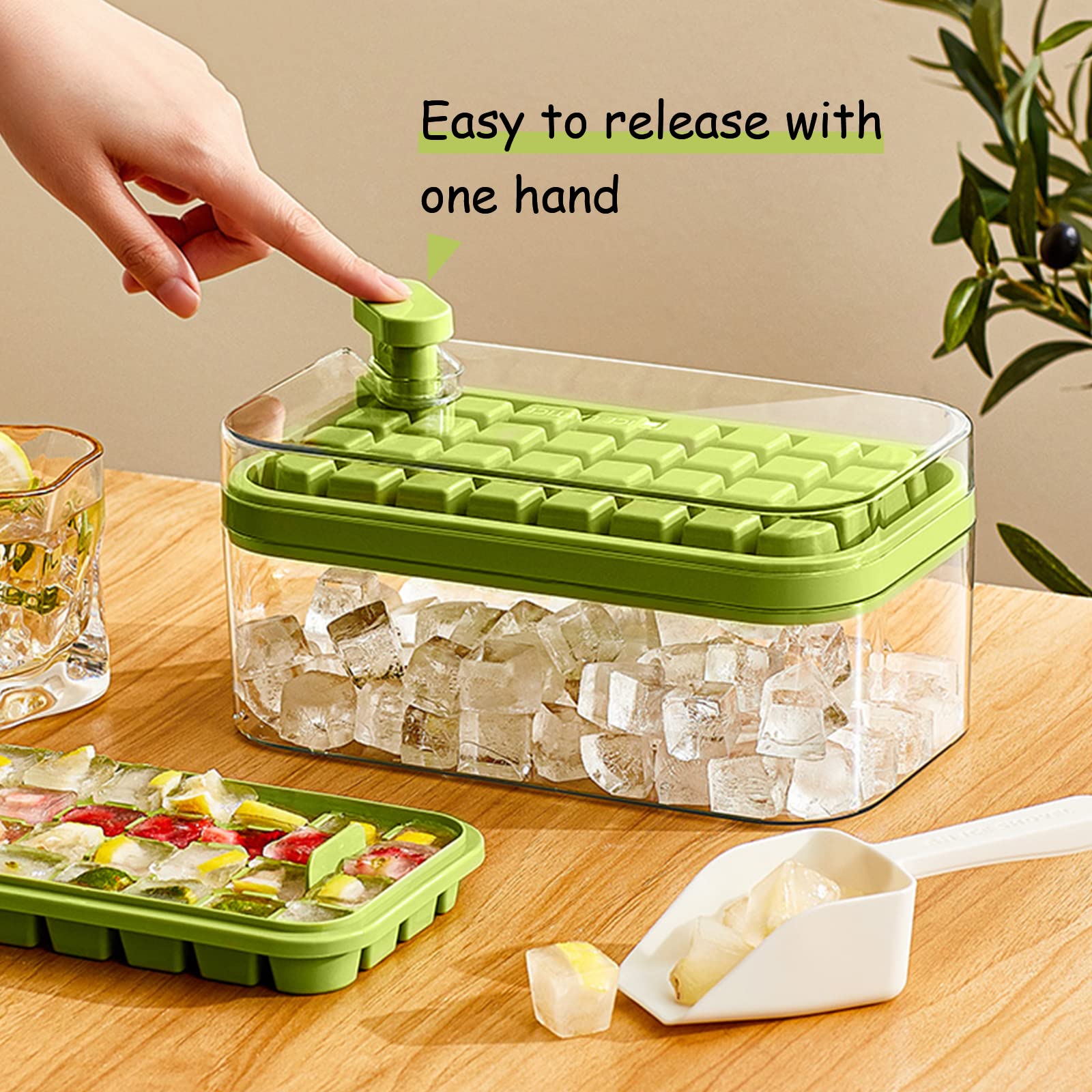 Ice Cube Tray With Lid And Bin, 2 Pack For Freezer, 64 Pcs Ice Cube Mold (Green)