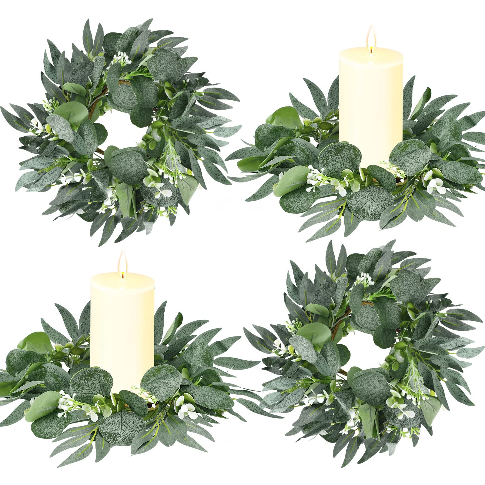 Thinkday 4 Pcs Candle Rings Artificial Eucalyptus Leaves Wreath Small Boho Wreath Pillar Candle Holder for Spring Summer Wedding