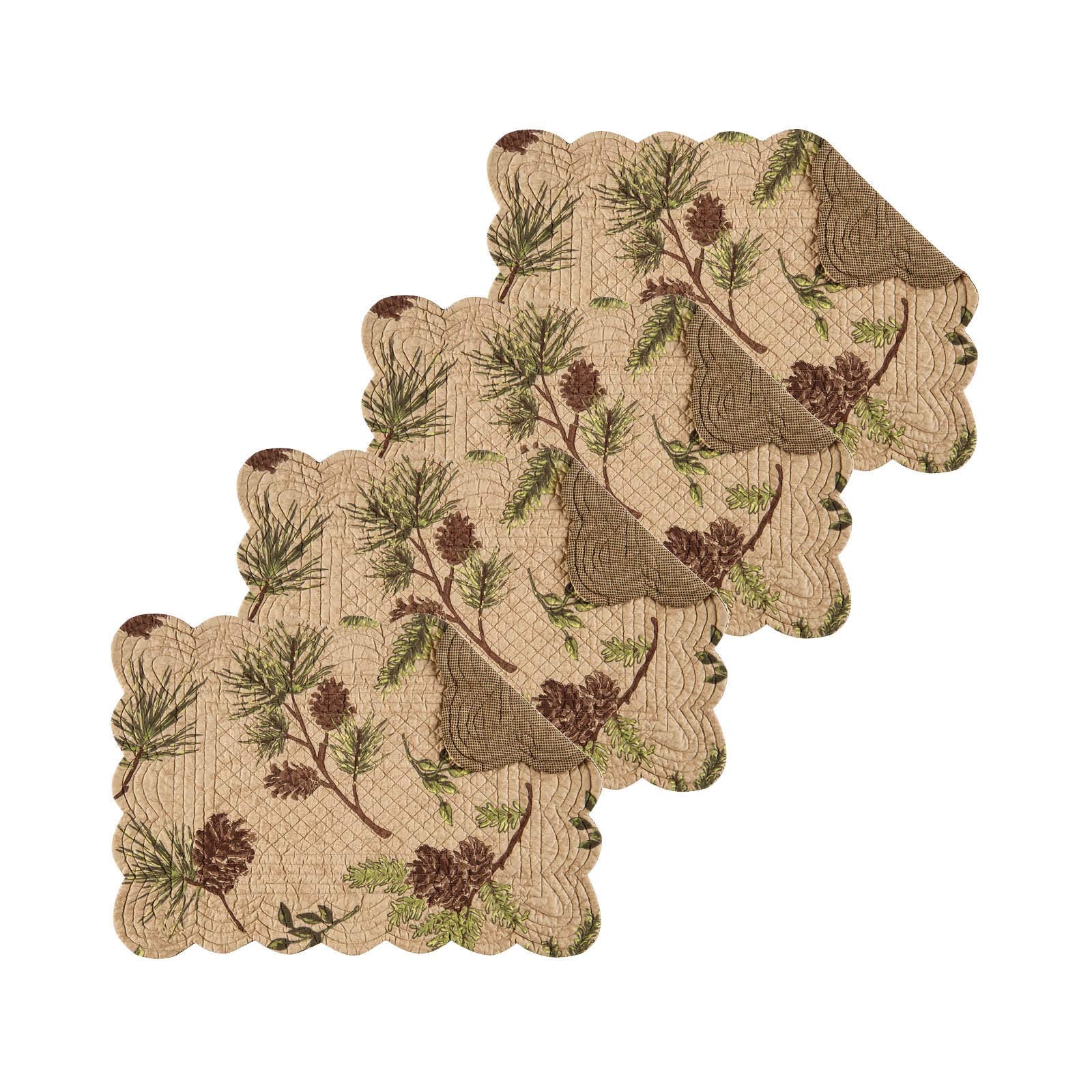 C&F Home Placemat Rectangular 100% Cotton 13"x19" Scalloped Tan Pinecone & Pine Needles Reversible Machine Washable