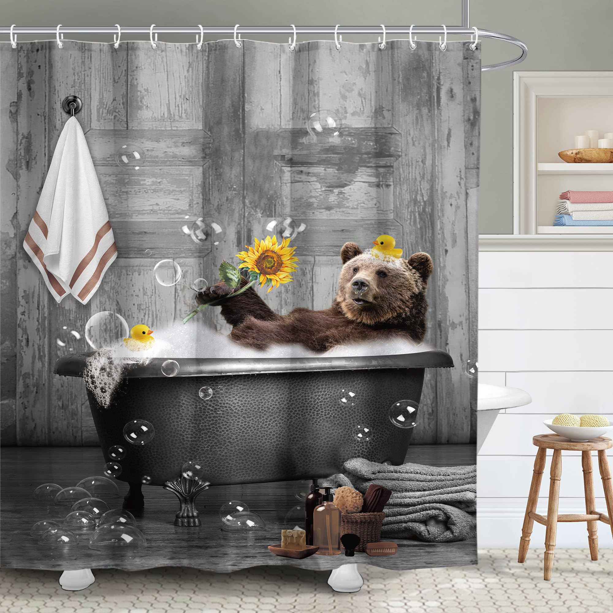 Yookeb Bear Funny Bathroom Shower Curtain 60W By 71H Inch Farmhouse Wood Wooden Vintage Rustic Farmhouse Cabin Animal Polyester