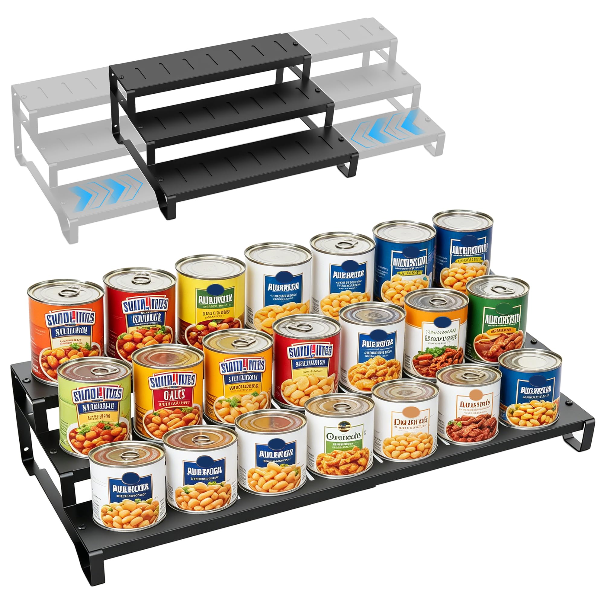 Expandable Can Organizer for Pantry, 3Tier Adjustable Metal Can Rack