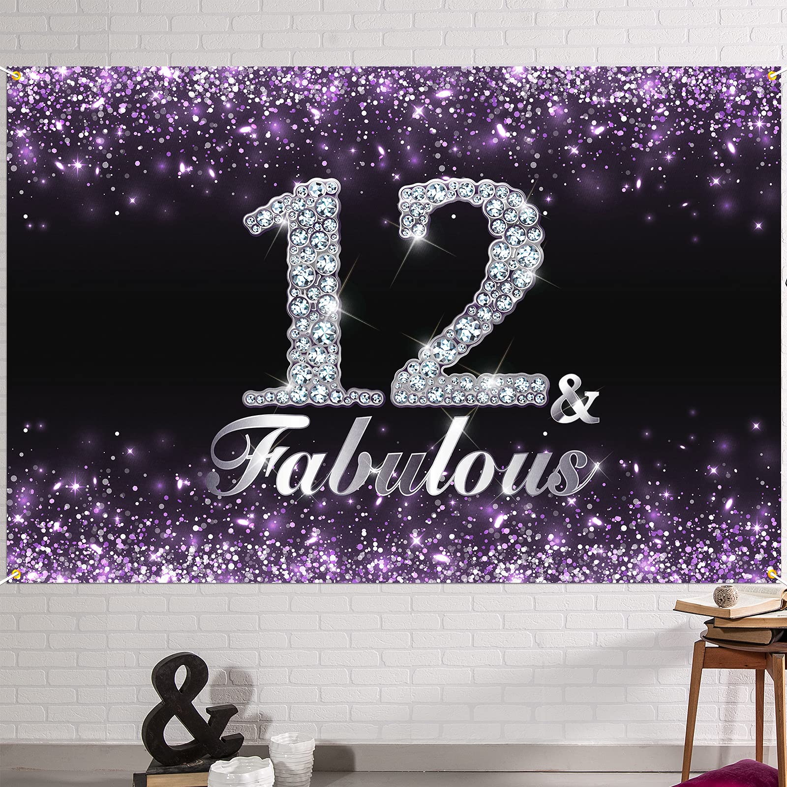 Hamigar 6X4Ft Happy 12Th Birthday Banner Backdrop - 12 & Fabulous Birthday Decorations Party Supplies For Girls - Purple