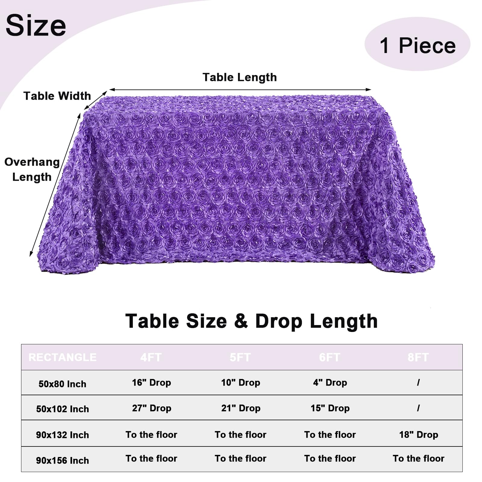 Fanqisi Purple Tablecloth 90X156 Inches Rosette Satin Tablecloth Birthday Party Table Cover Bridal Shower Table Decor Halloween