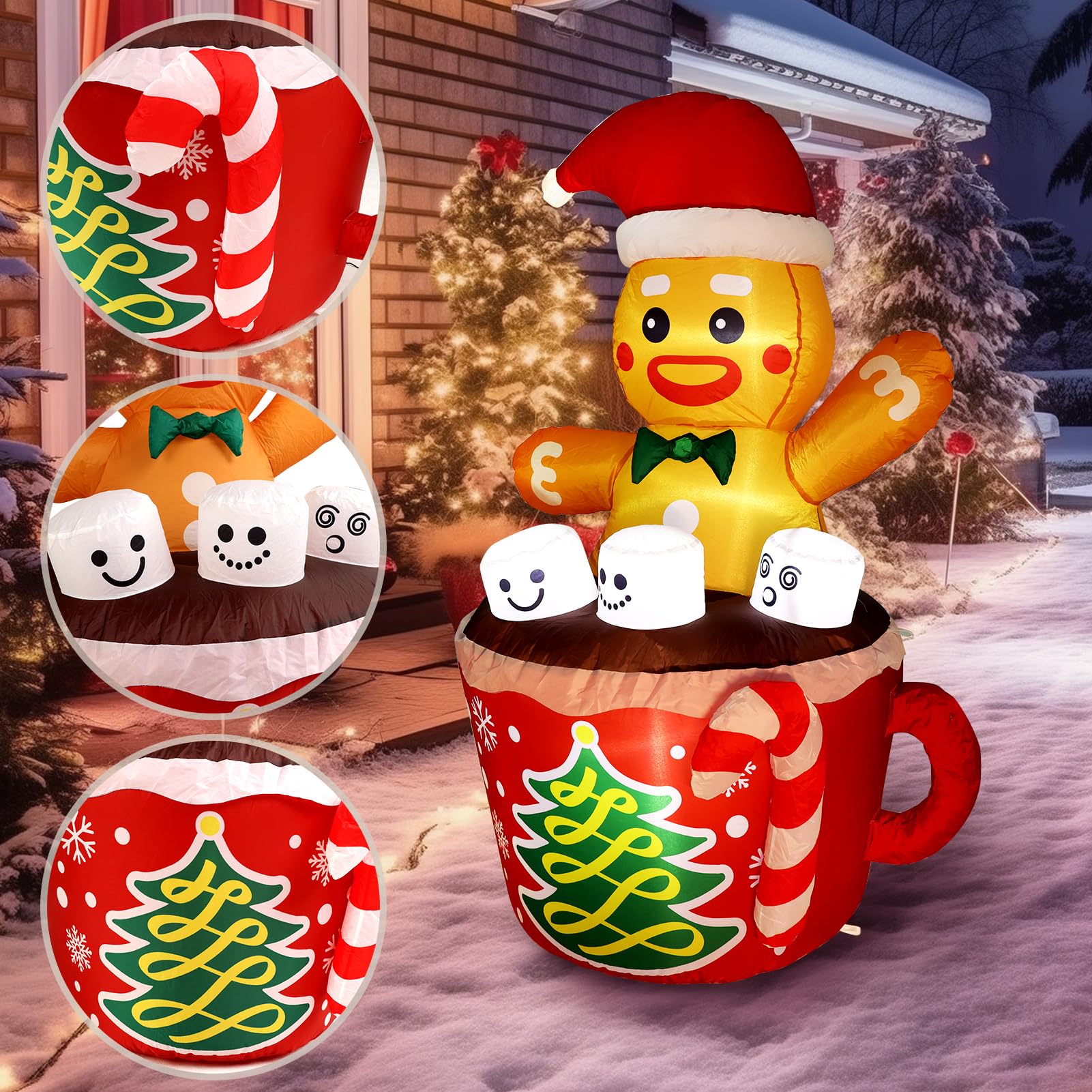 WBHome 5 Ft Christmas Inflatable Gingerbread Man in Cocoa Outdoor Decorations, Xmas Blow Up Yard Decor with Built-in LED Light f