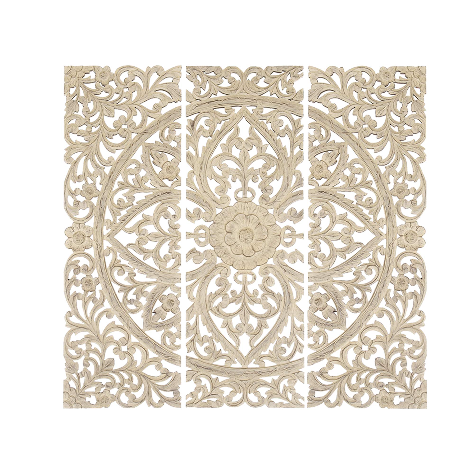Benzara Exquisite Floral Wood Wall Plaques - Set of 3, Antique White