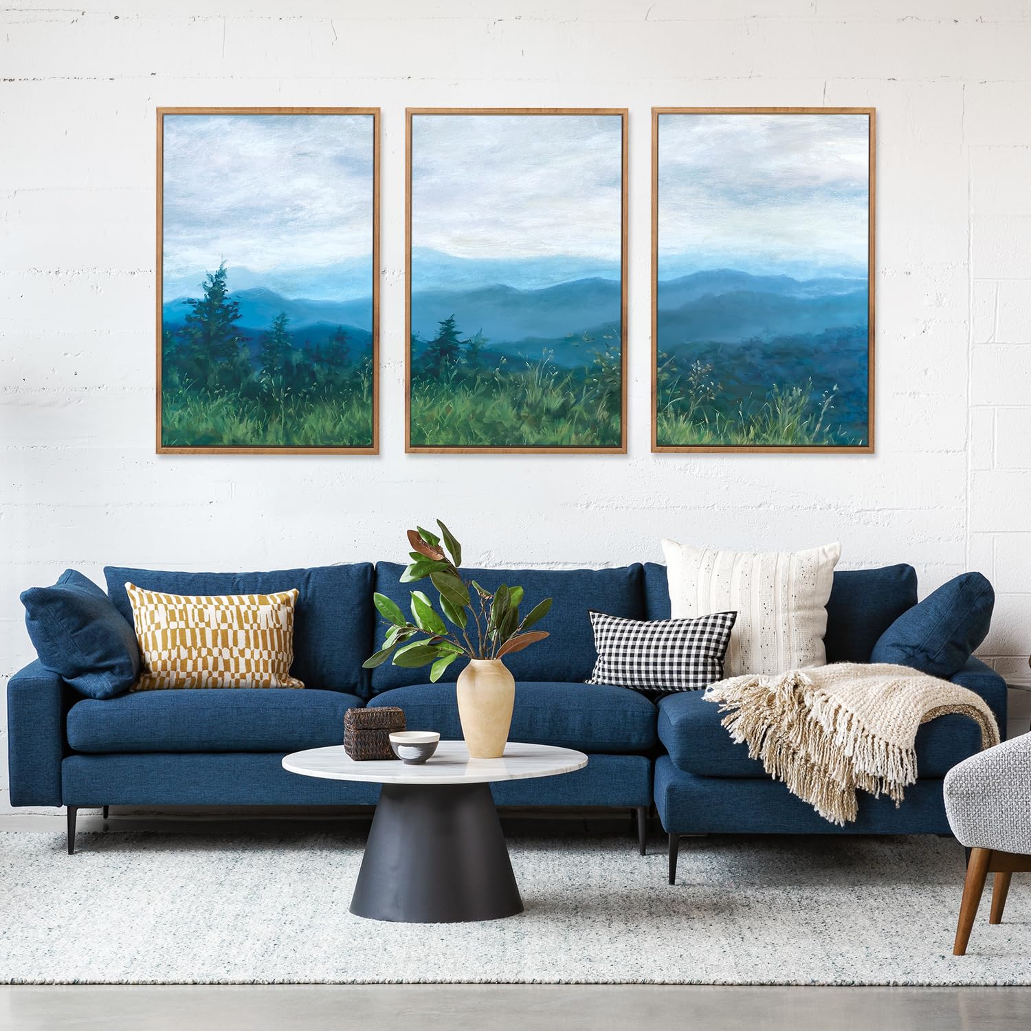 Chditb Boho Blue Mountain Framed Wall Art Paintings(16''X24''), 3 Panels Blue White Sky Ridge Virginia Landscape Watercolor Canv