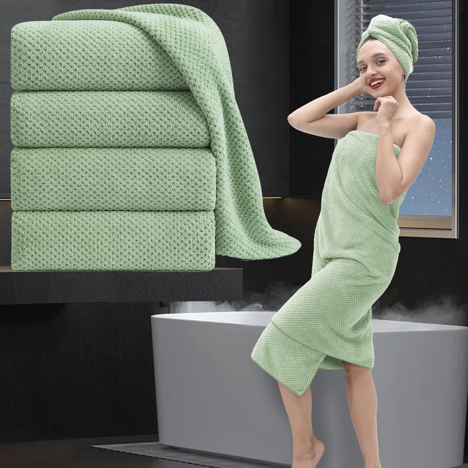 Bathroom Towel Set Green 4 Pack-35X70 Towel,600Gsm Ultra Soft Microfibers Bath Towel Set Extra Large Plush Bath Sheet Towel,High
