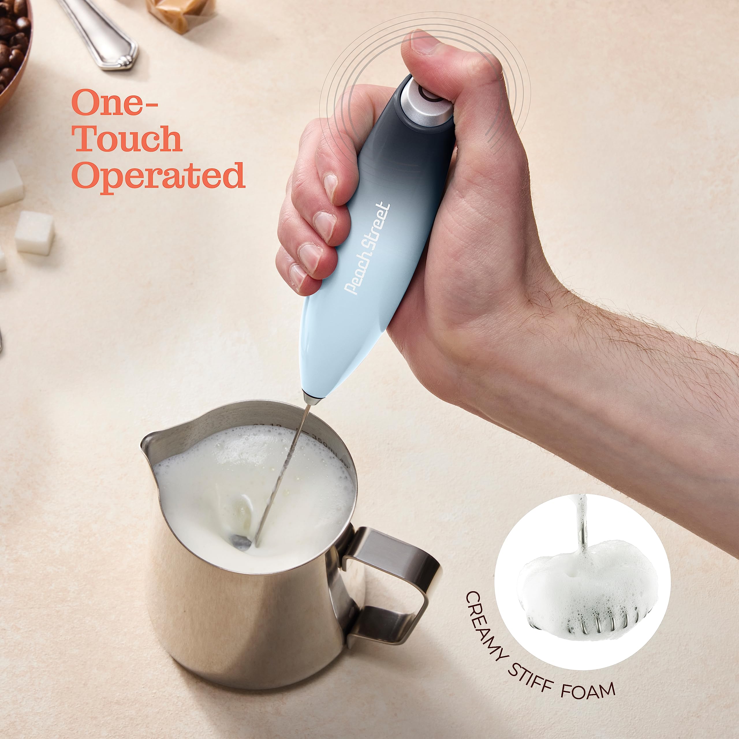 Powerful Handheld Milk Frother  Mini Milk Foamer  Battery Operated (Not included) Stainless Steel Drink Mixer with Frother Stand (Dark Sky)