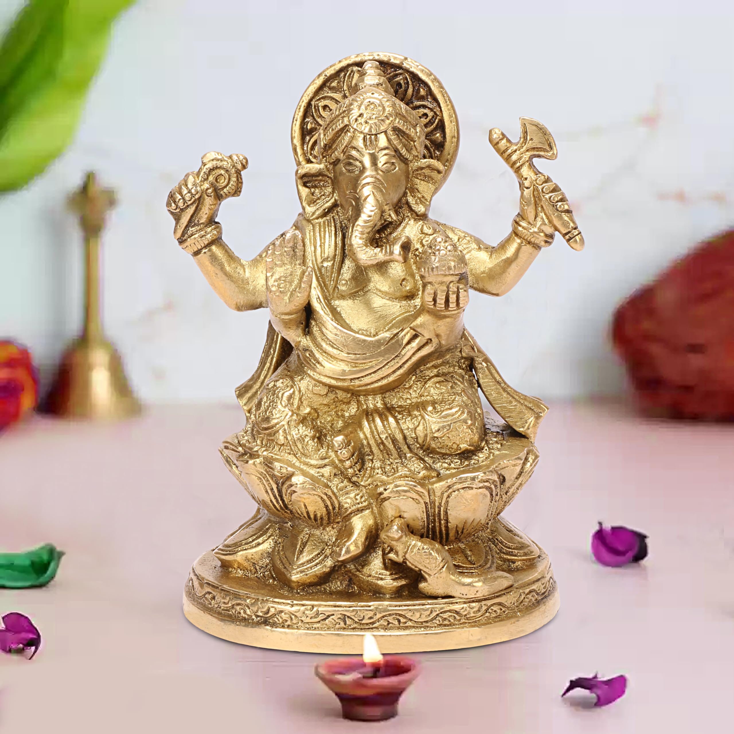 Apko Large Lotus Sitting Ganesha Brass Idol Good Luck God Deity Ganesh Statue -Ganpati Murti For Home Entrance Decor Diwali Gift