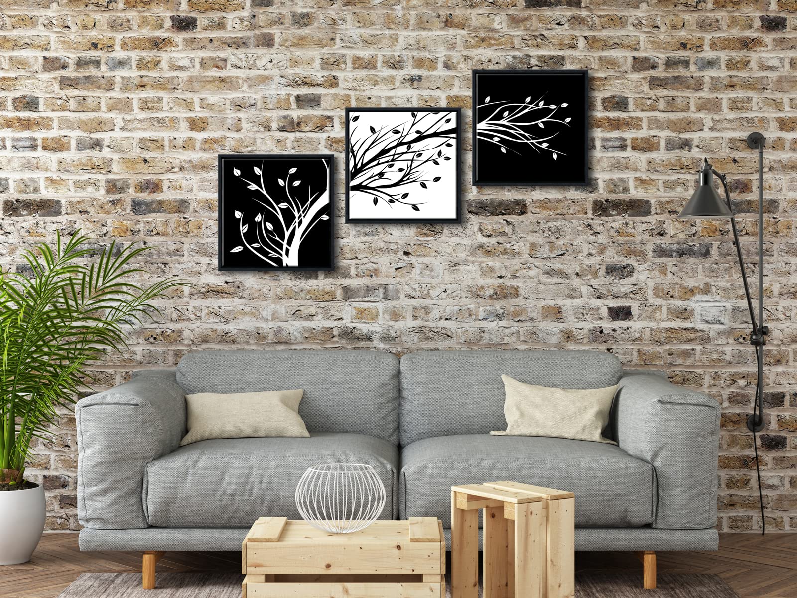 Wieco Art Framed Leaves Modern 3 Panels Flowers Artwork Canvas Prints Black And White Abstract Floral Trees Pictures Paintings O