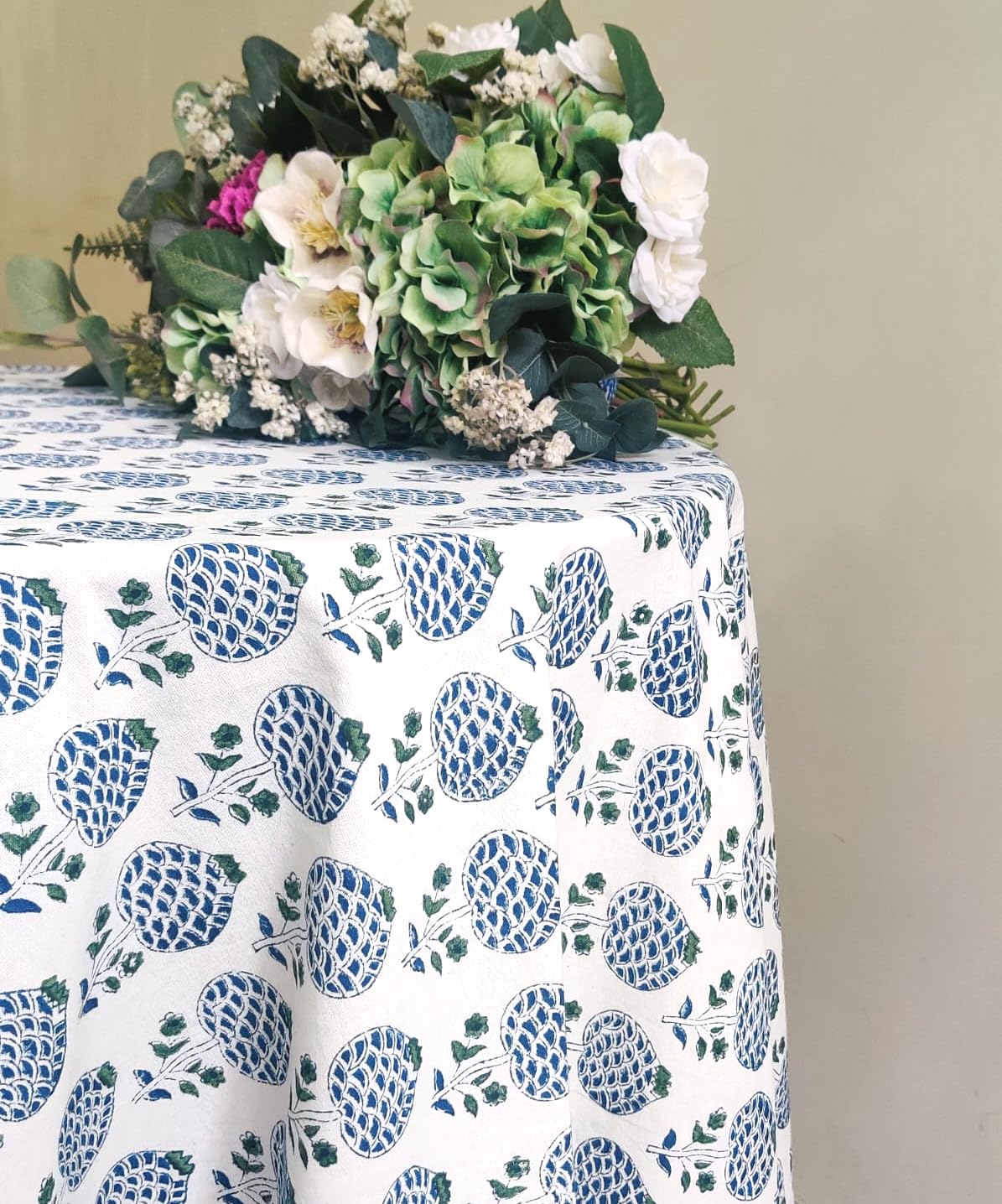 ATOSII Roma Blue 100% Cotton Boho Round Fall Tablecloth, Handblock Floral Print Table Cloth Linen for Kitchen Dining I Parties,