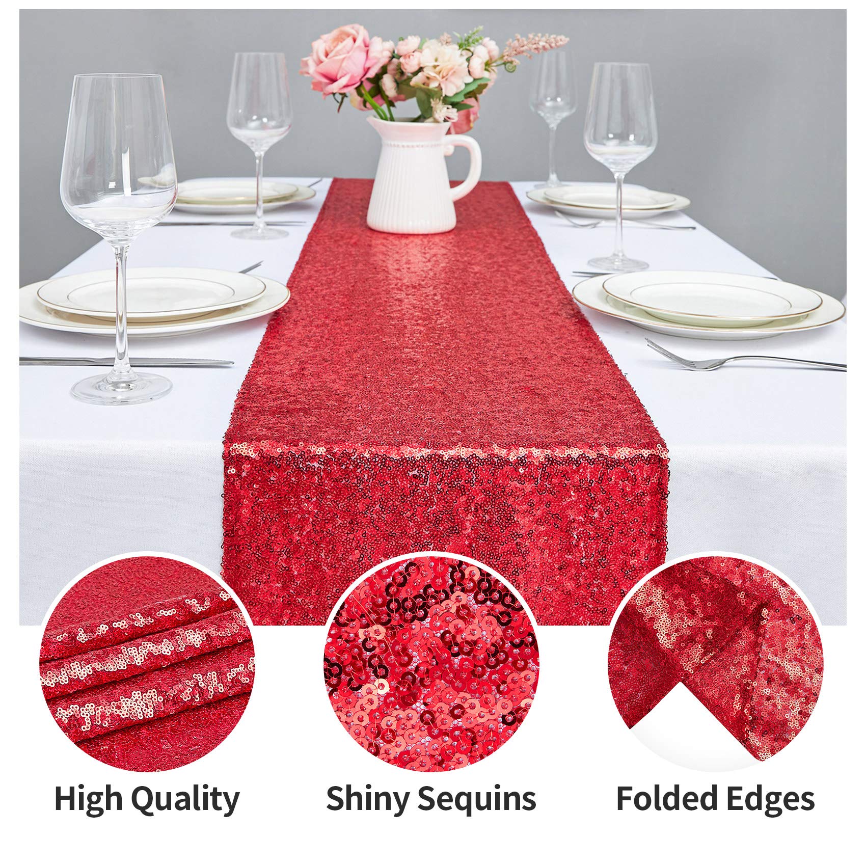 6Pcs 12X72 Inch Sequin Table Runner Red Glitter Table Runner For Party, Wedding, Bridal Baby Shower, Event Decorations(6Pcs, 12X
