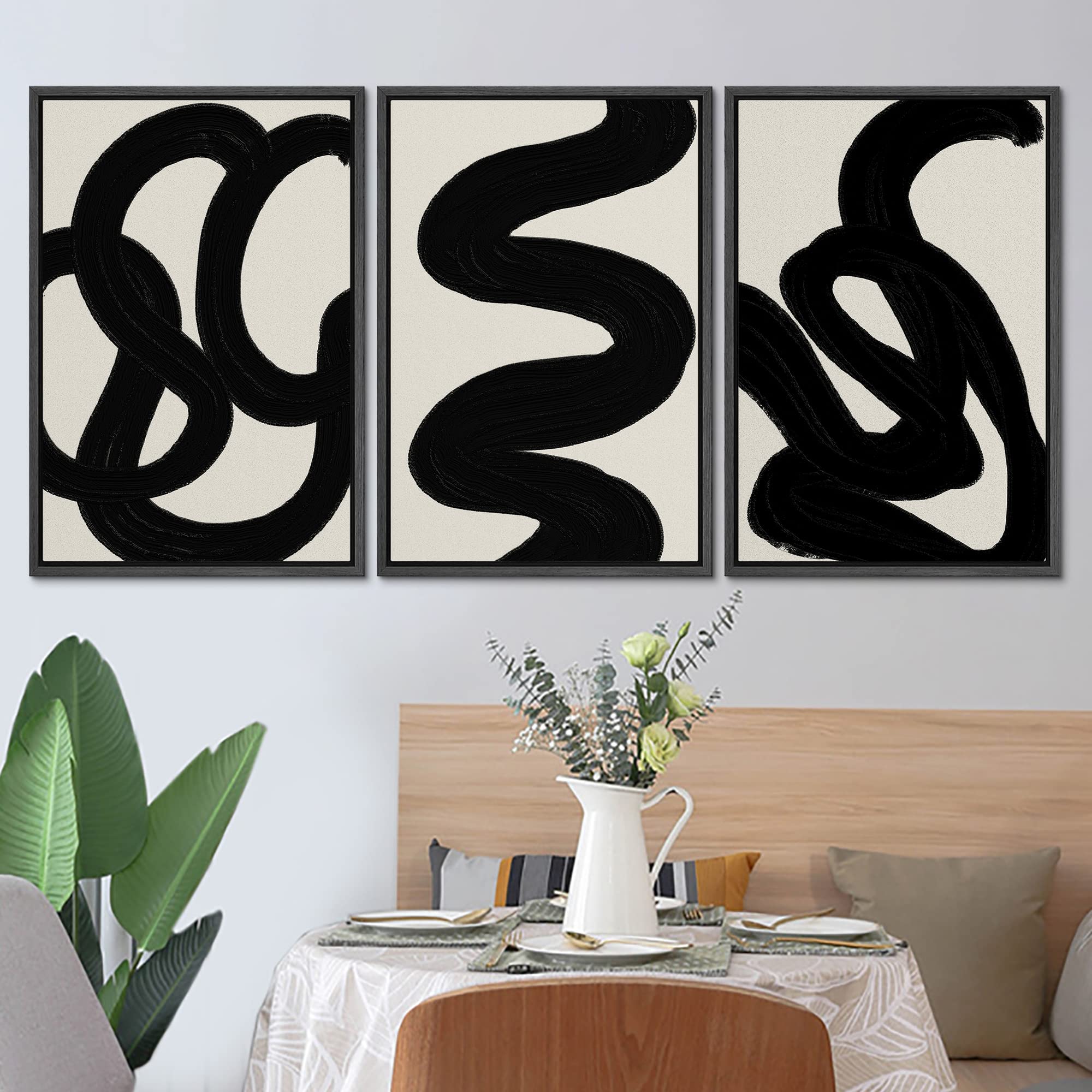 Signleader Framed Canvas Print Wall Art Set Duotone Minimal Dark Brush Stroke Landscape Abstract Shapes Illustrations Modern Art