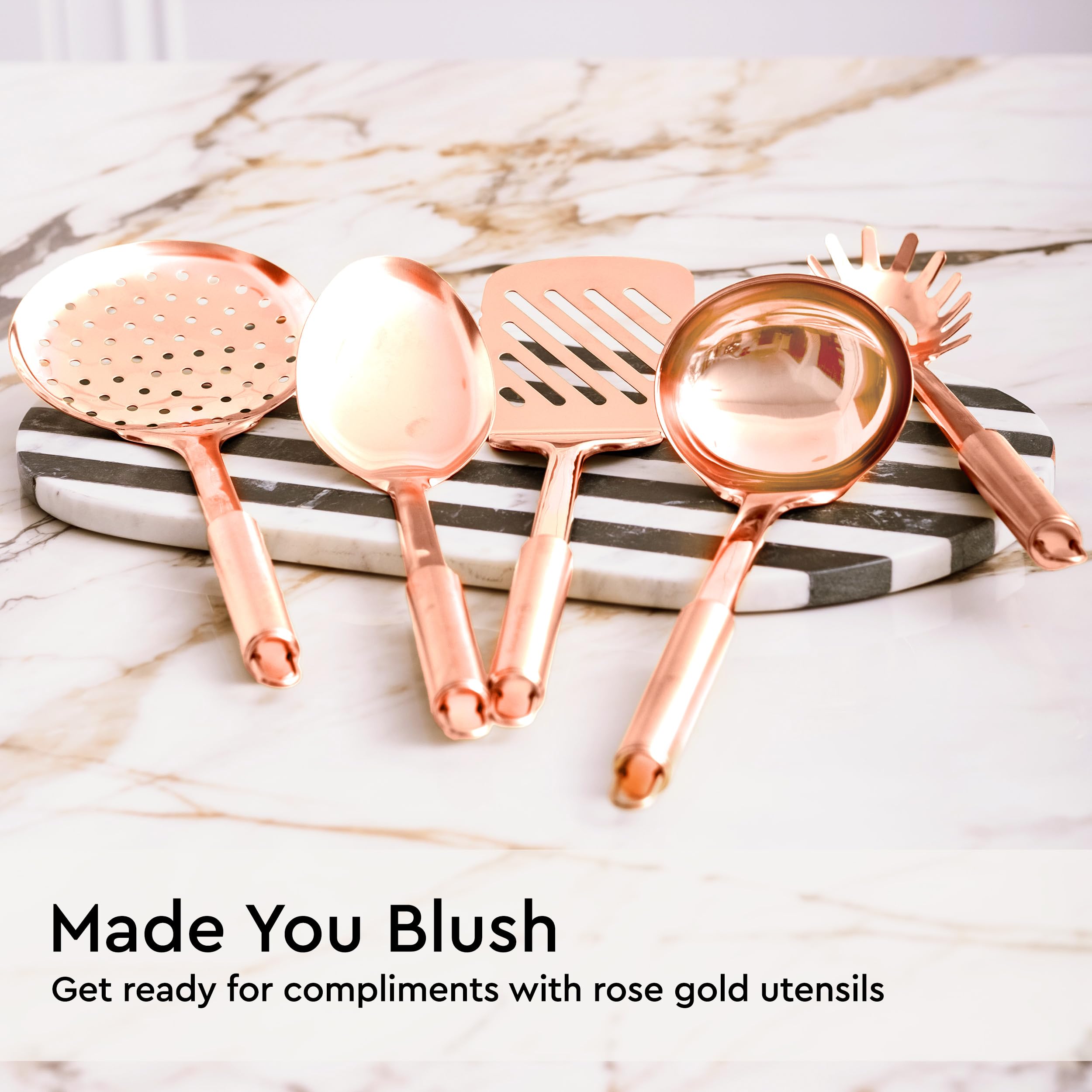 Copper Cooking Utensils For Cooking/Serving, Rose Gold Kitchen Utensils -Stainless Steel Copper Serving Utensils Set 5 Pcs-Coppe