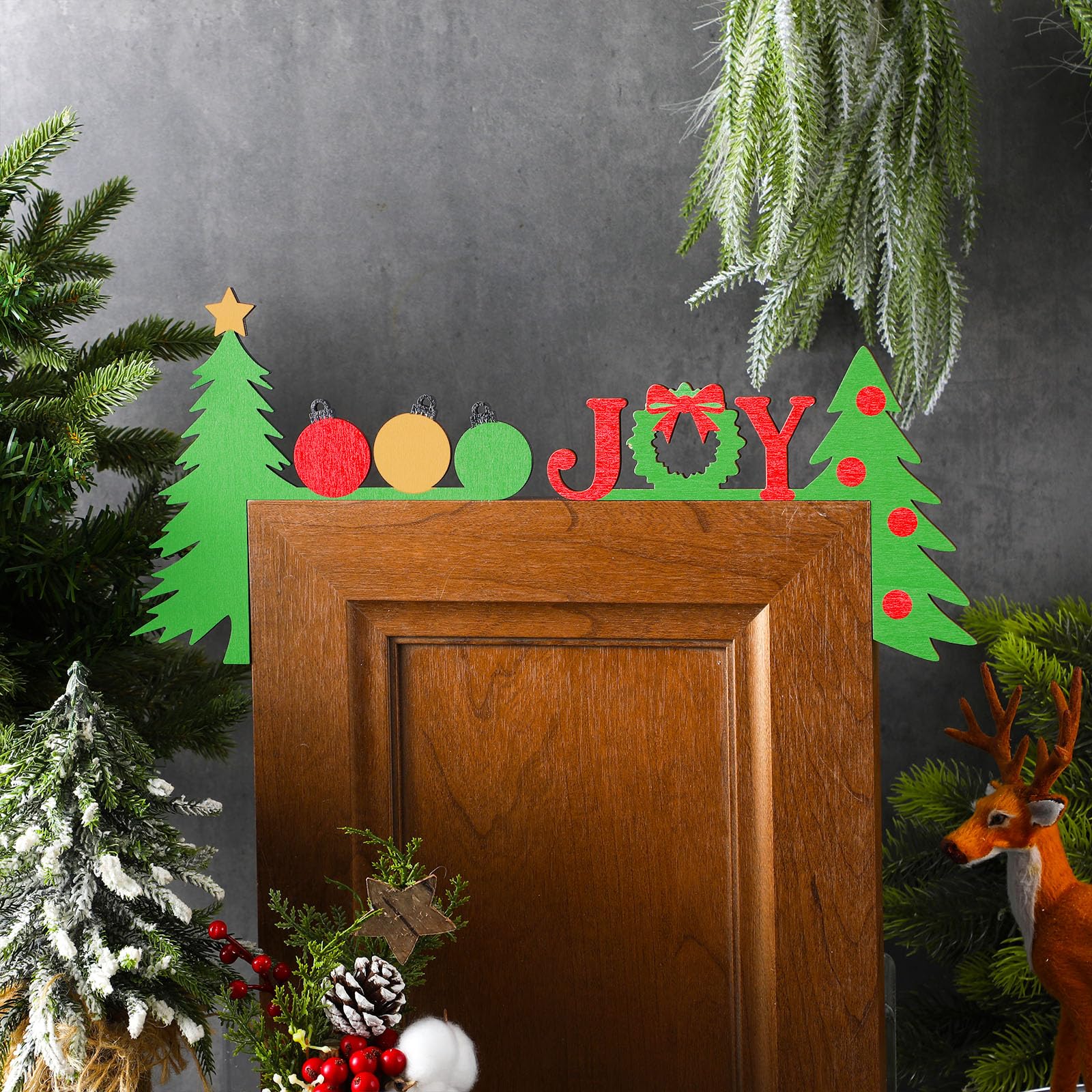 Briwooody 2 Pcs Christmas Door Topper Funny Joy Tree Door Frame Corner Sign Decor Home Wooden Christmas Cabinet Knob Covers Part