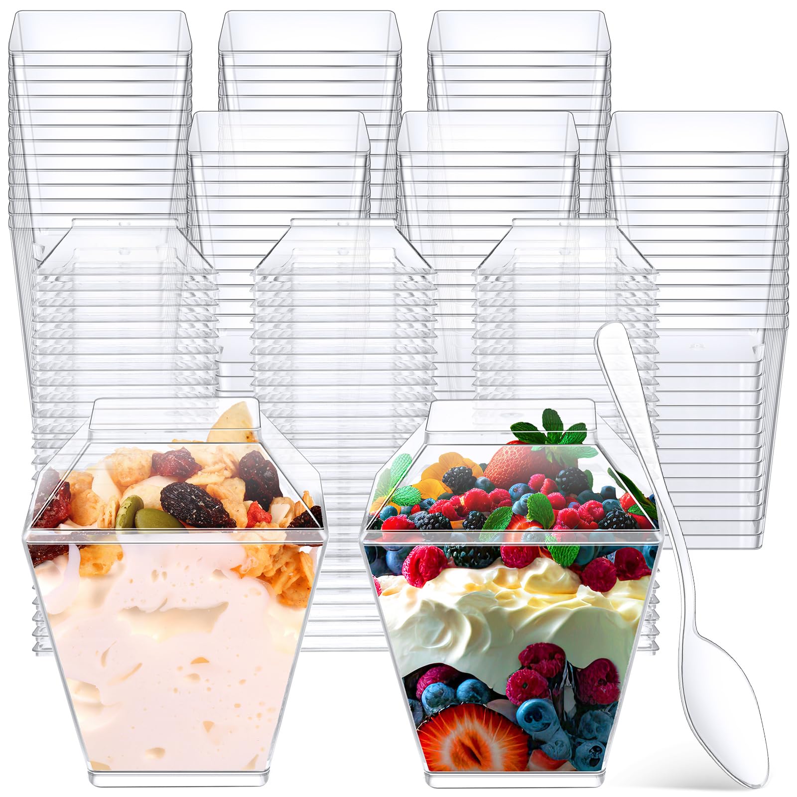 600 Pcs 3.4 Oz Plastic Dessert Cups Parfait Cups With Lids And Spoons Mini Appetizer Cups Clear Square Disposable Cups Dessert F