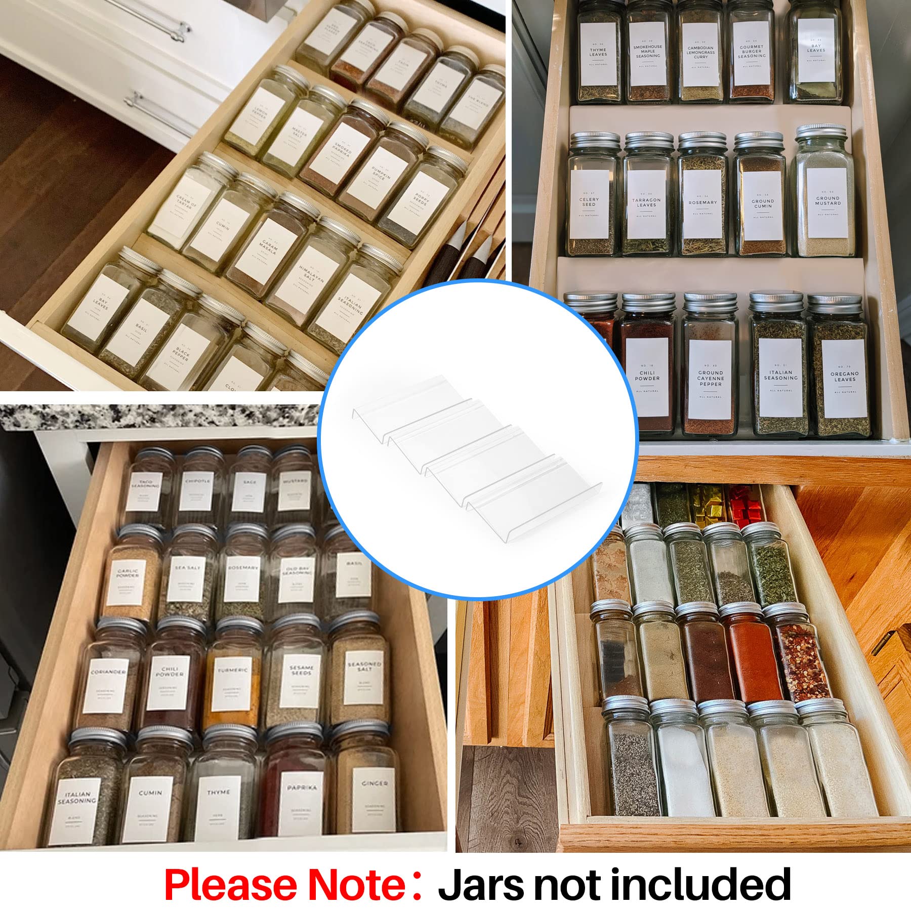 Clear Acrylic Spice Drawer Organizer, 4 Tier- 1 Set Seasoning Jars Drawers Insert, Kitchen Spice Rack Tray for Drawer/Countertop