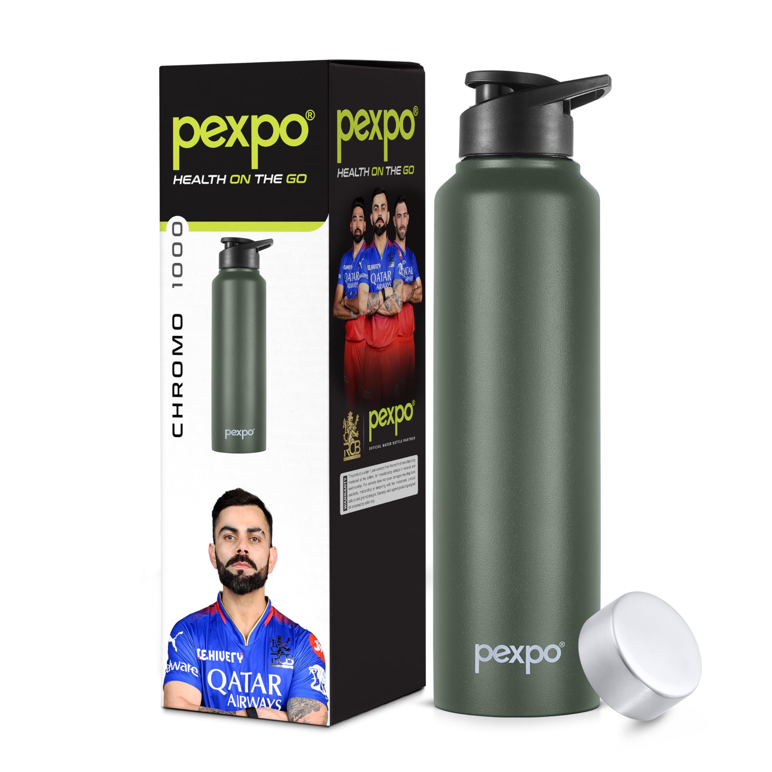 Pexpo Chromo Pro Stainless Steel Sports/Fridge Water Bottle With Sipper & Steel Cap, 1 Litre, Military Green | Bpa Free | Water 