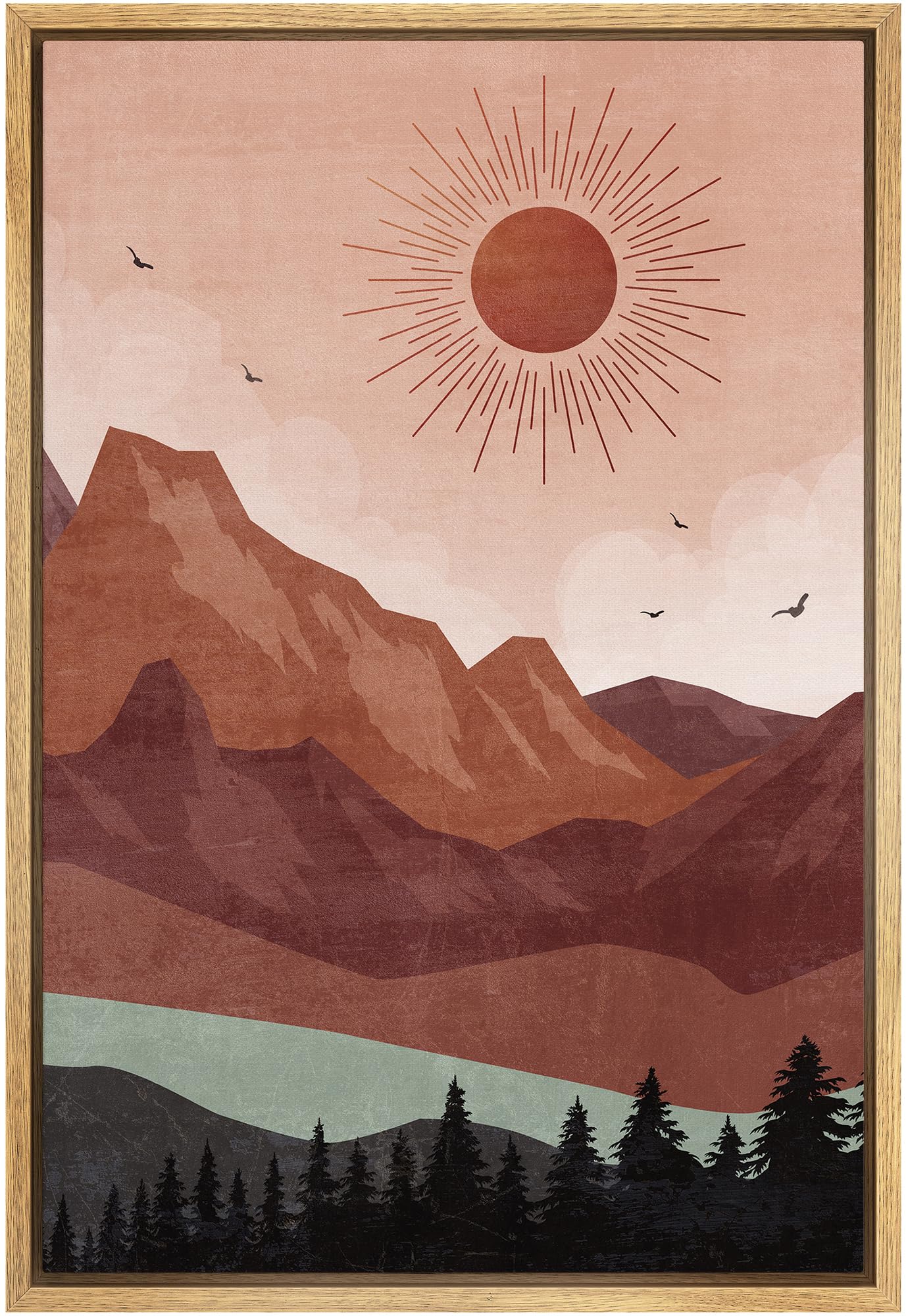 Signford Framed Canvas Print Wall Art Sunset Over Mountain Range With Silhouetted Trees Nature Wilderness Illustrations Decorati