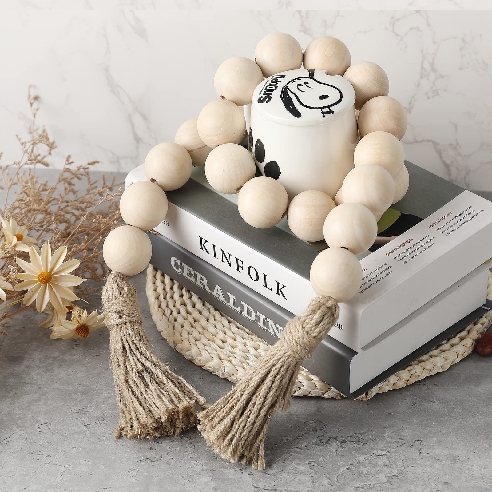Farmhouse Decor Large Wood Bead Garland 50inch long with 1.6 Diameter beads, Natural Wooden Beads Decor with Tassels Decorative 