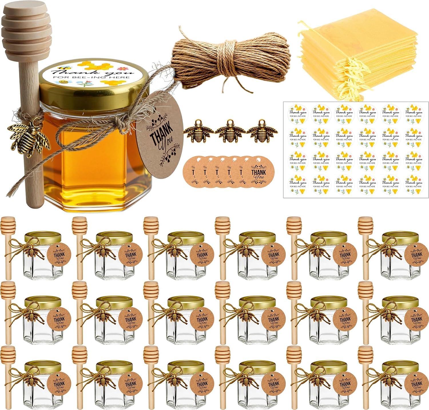 Adabocute Honey Pot, Mini Glass Honey Jars with Wood Dipper, Gold Lid, Bee Charms, Gold Organza Bags, Thank-you Tags, Ideal for 