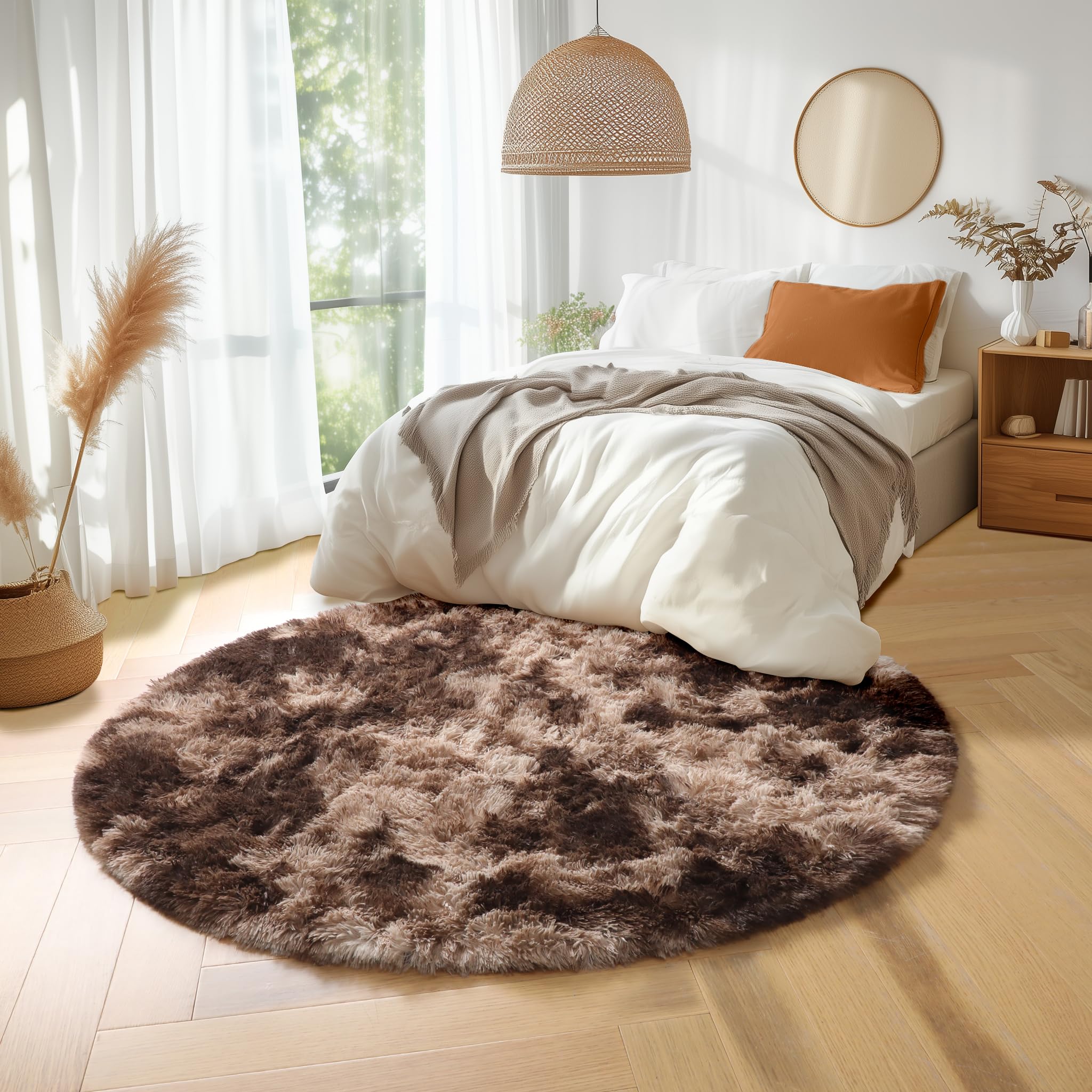 Amdrebio Tie-Dyed Brown Round Circle Rugs 4Ft for Bedroom, Fluffy Shag Plush Area Rugs for Kids Room, Living Room Decor Aestheti