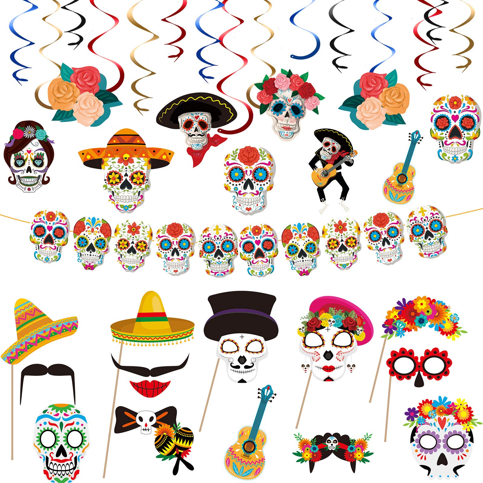 Outus 24 Pieces Day of The Dead Photo Booth Props D  a de Los Muertos Skull Photo Prop Party Hanging Decor Party Swirls Decorati