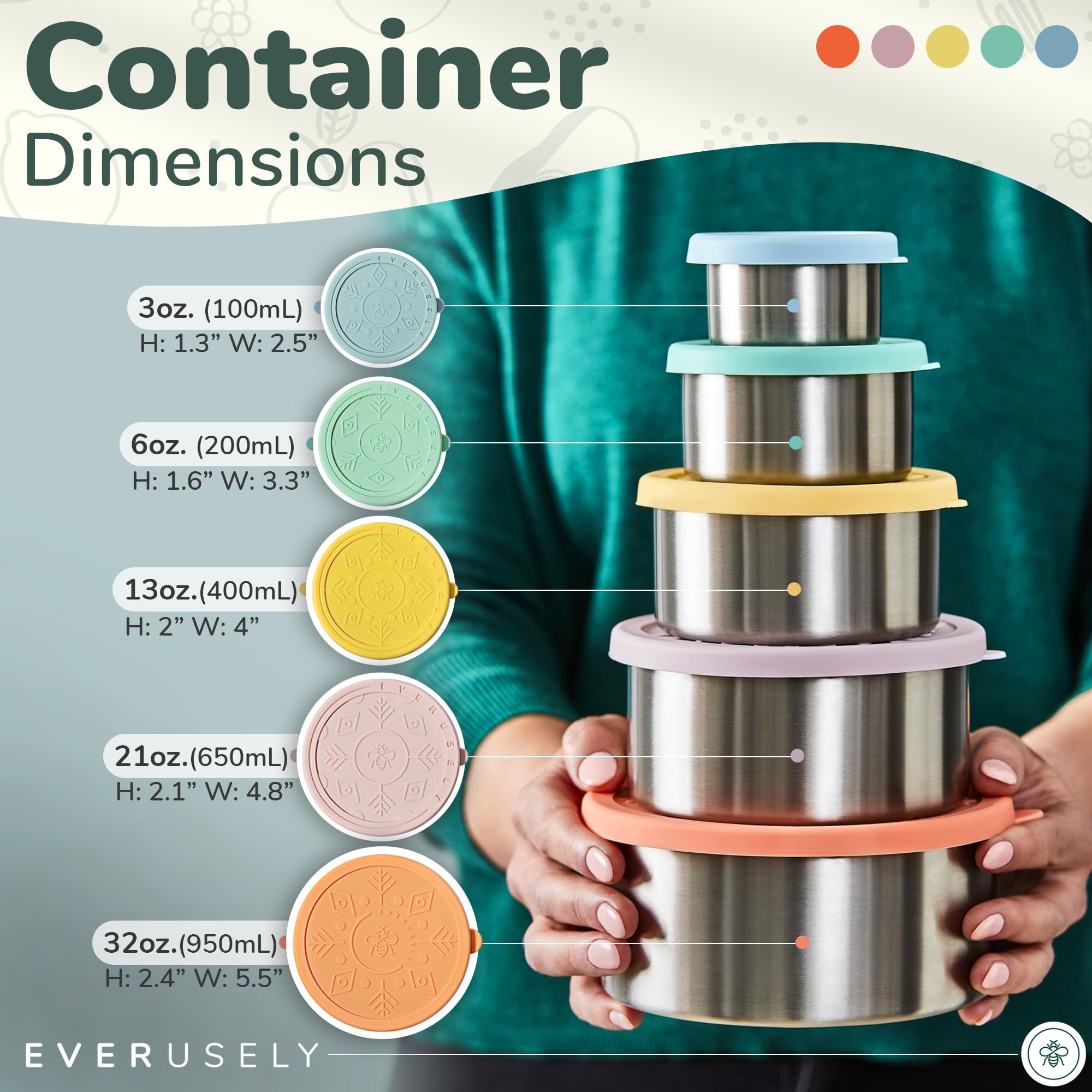 Everusely Stainless Steel Containers With Lids, Leakproof Stainless Steel Food Containers, Nesting Stainless Steel Snack Contain