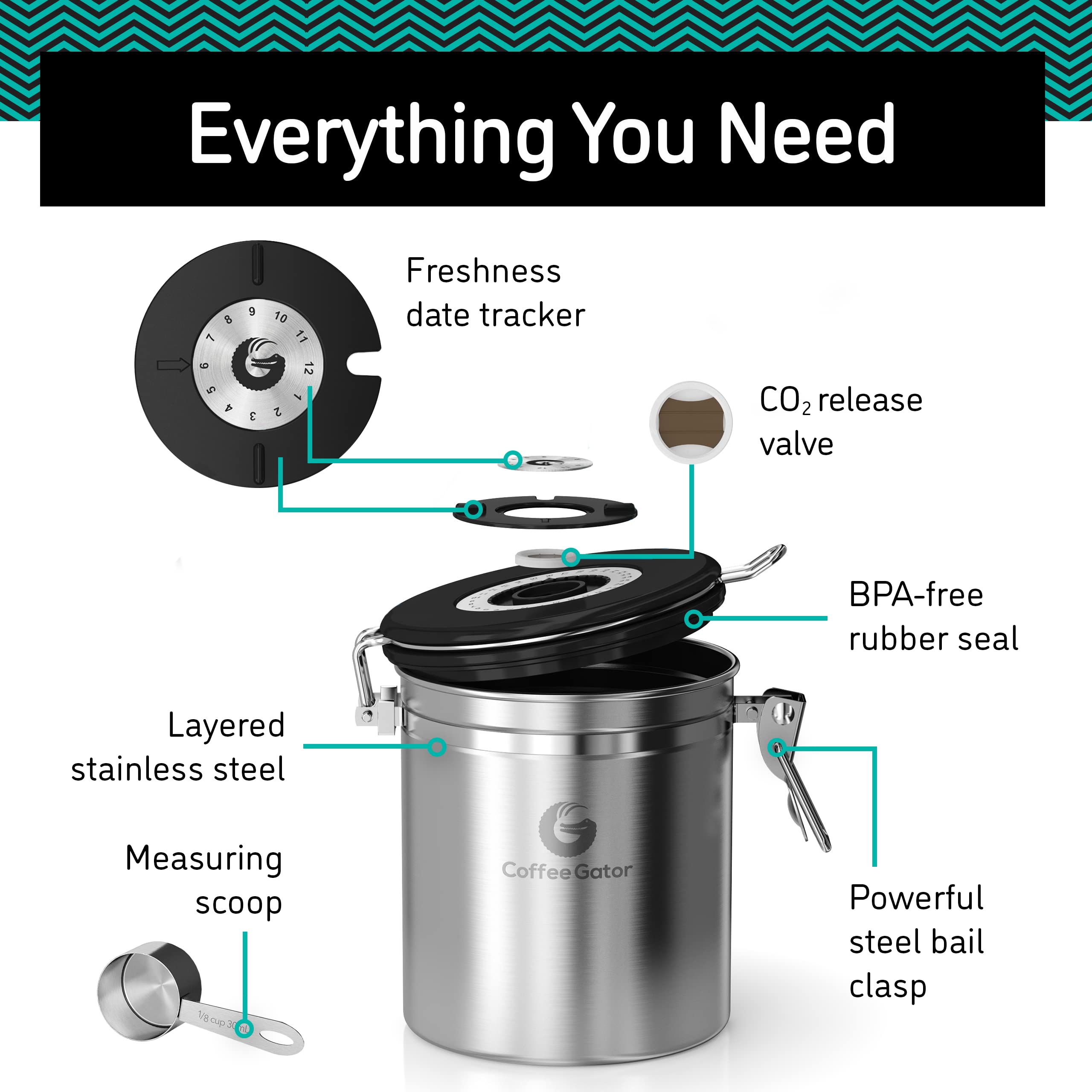 Coffee Gator Stainless Steel Canister - Large 22Oz, Silver Coffee Grounds And Beans Container With Date-Tracker, Co2-Release Val