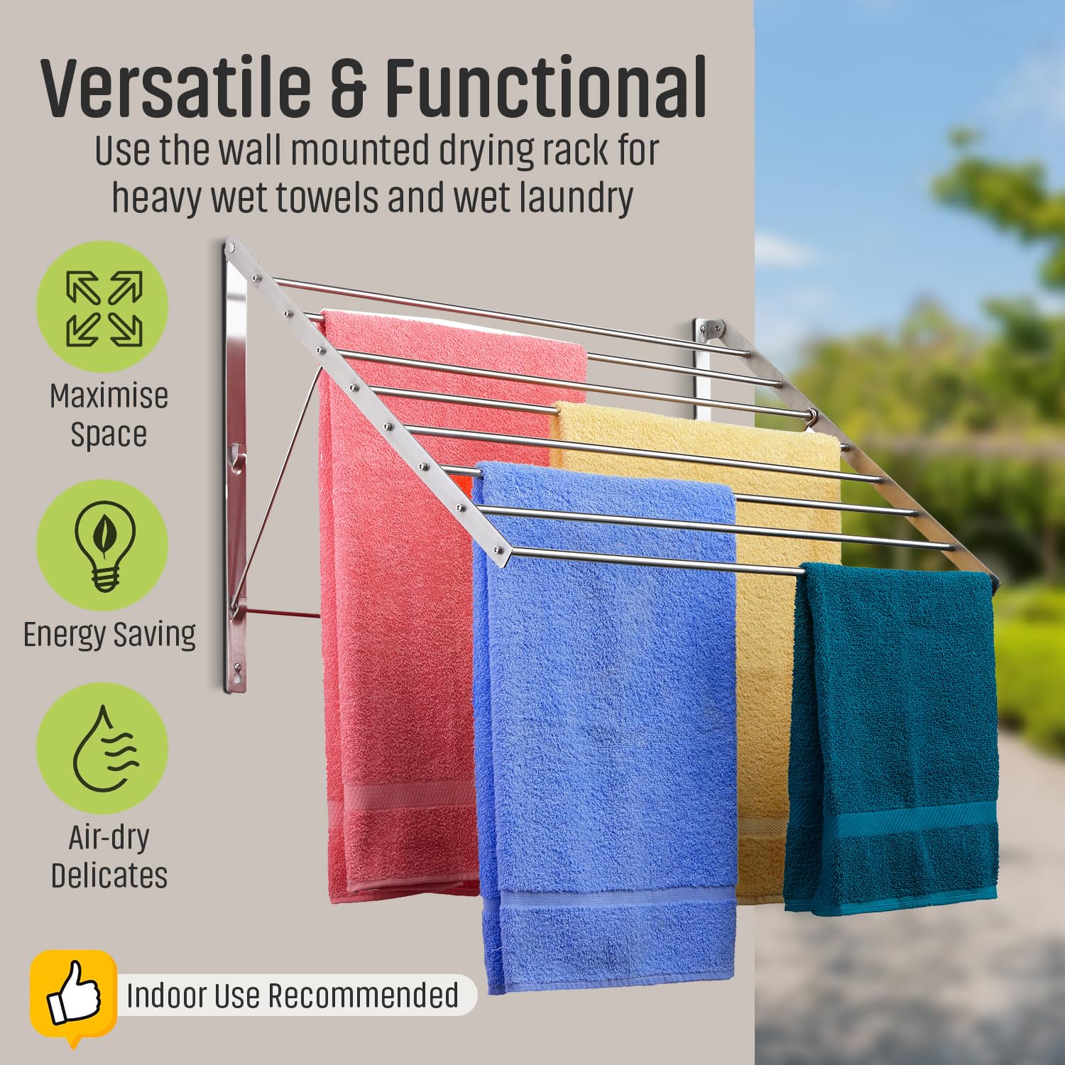Smartsome | Wall Mounted | Clothes Drying Rack| 22 '' Wide |15 Linear Feet Capacity | 8 Smooth Round Stainless Steel Rods | 60 lb Capacity | Fully Assembled | Compact Sturdy Space-Saving Design