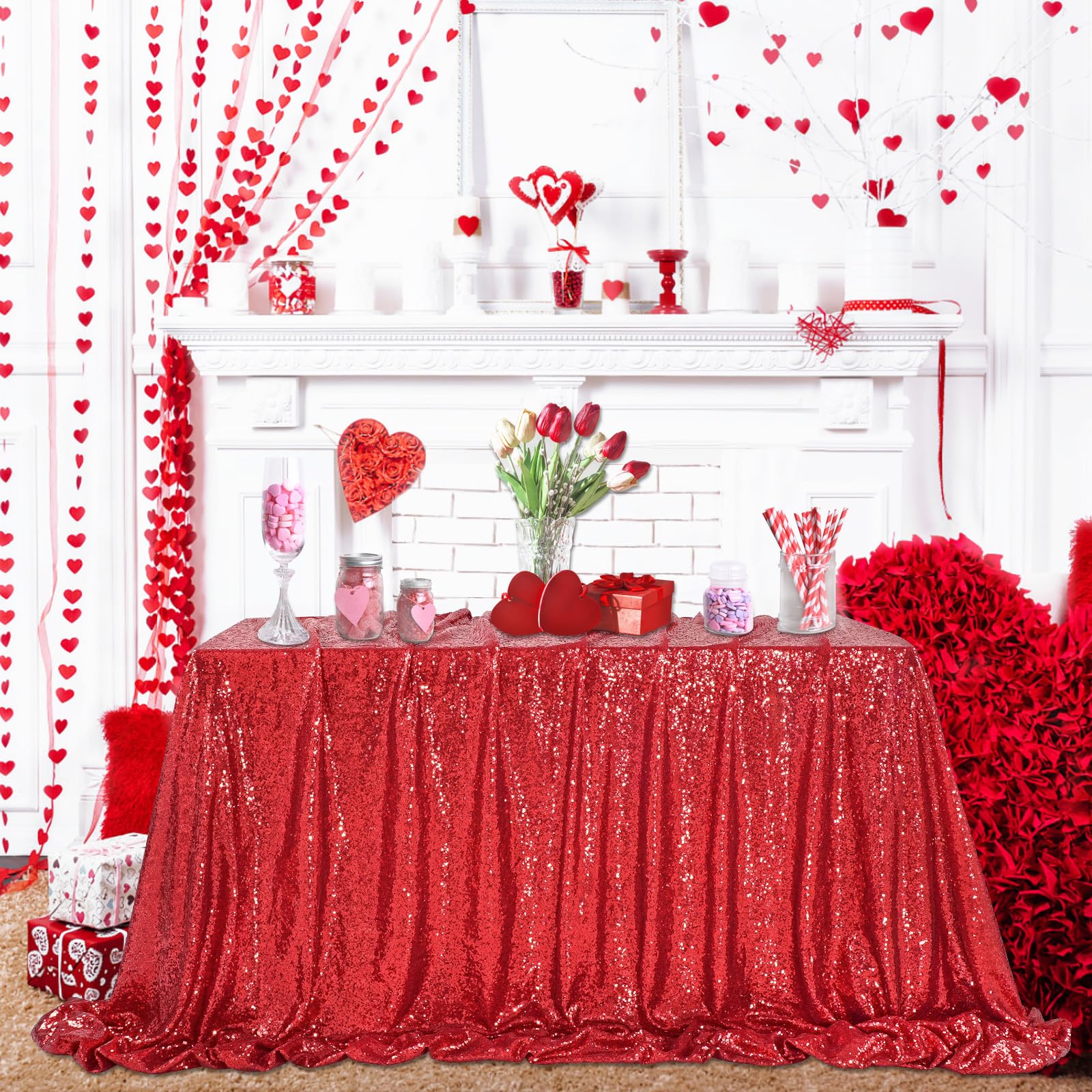 Queendream Sequin Tablecloth 60X102 Inch Red Tablecloth Glitter Table Cloth For Birthday Party Events Christmas Decorations