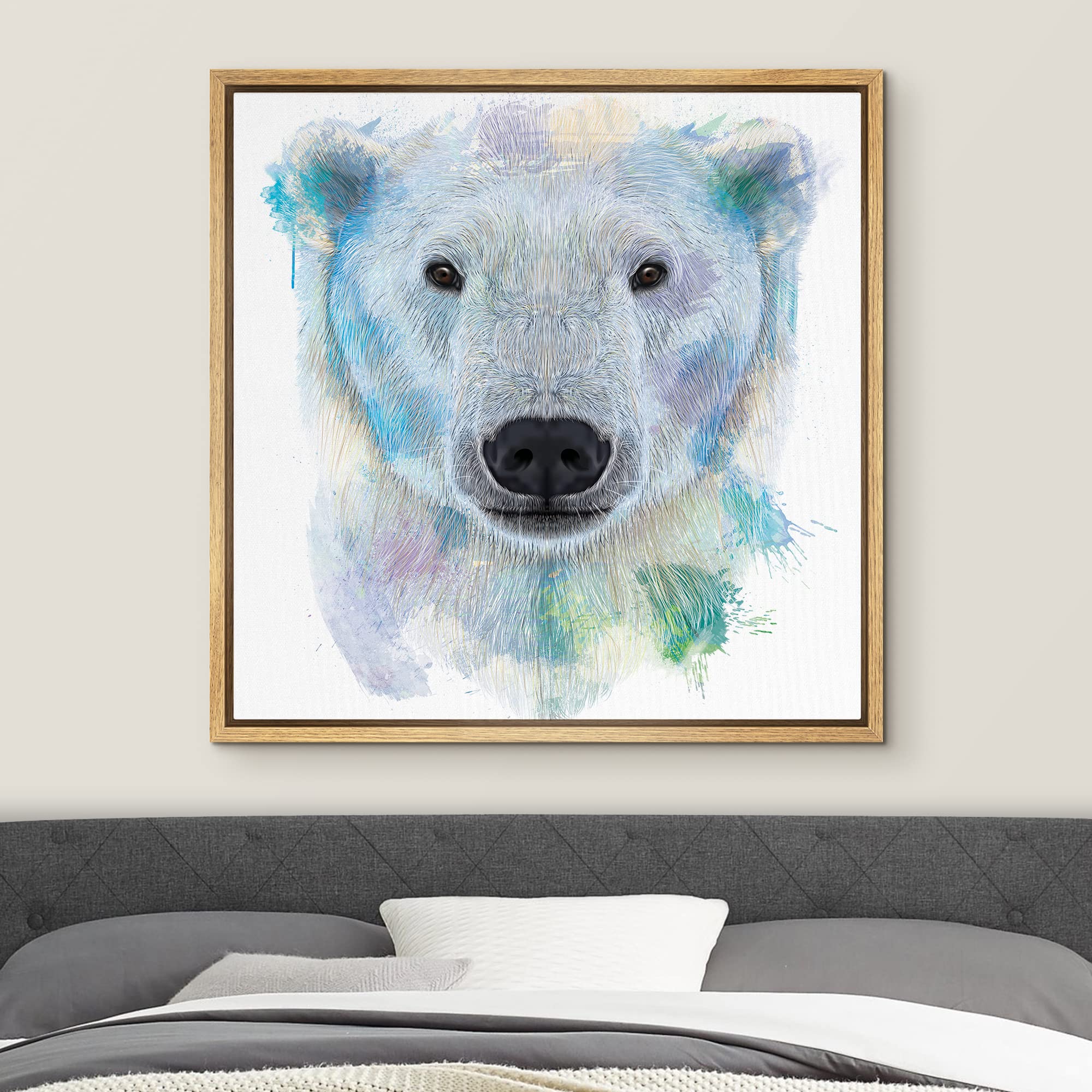 Wall26 - Fun And Colorful Splattered Watercolor Polar Bear - Framed Canvas Art Home Art - 24''X24'' Natural