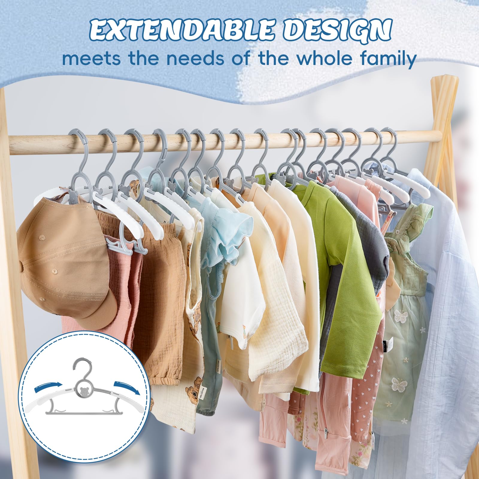 Piglog Baby Hangers 60 Pack Kids Hangers-Extendable Adjustable Non-Slip Plastic Kid Hangers For Closet,Stackable Baby Clothes Ha