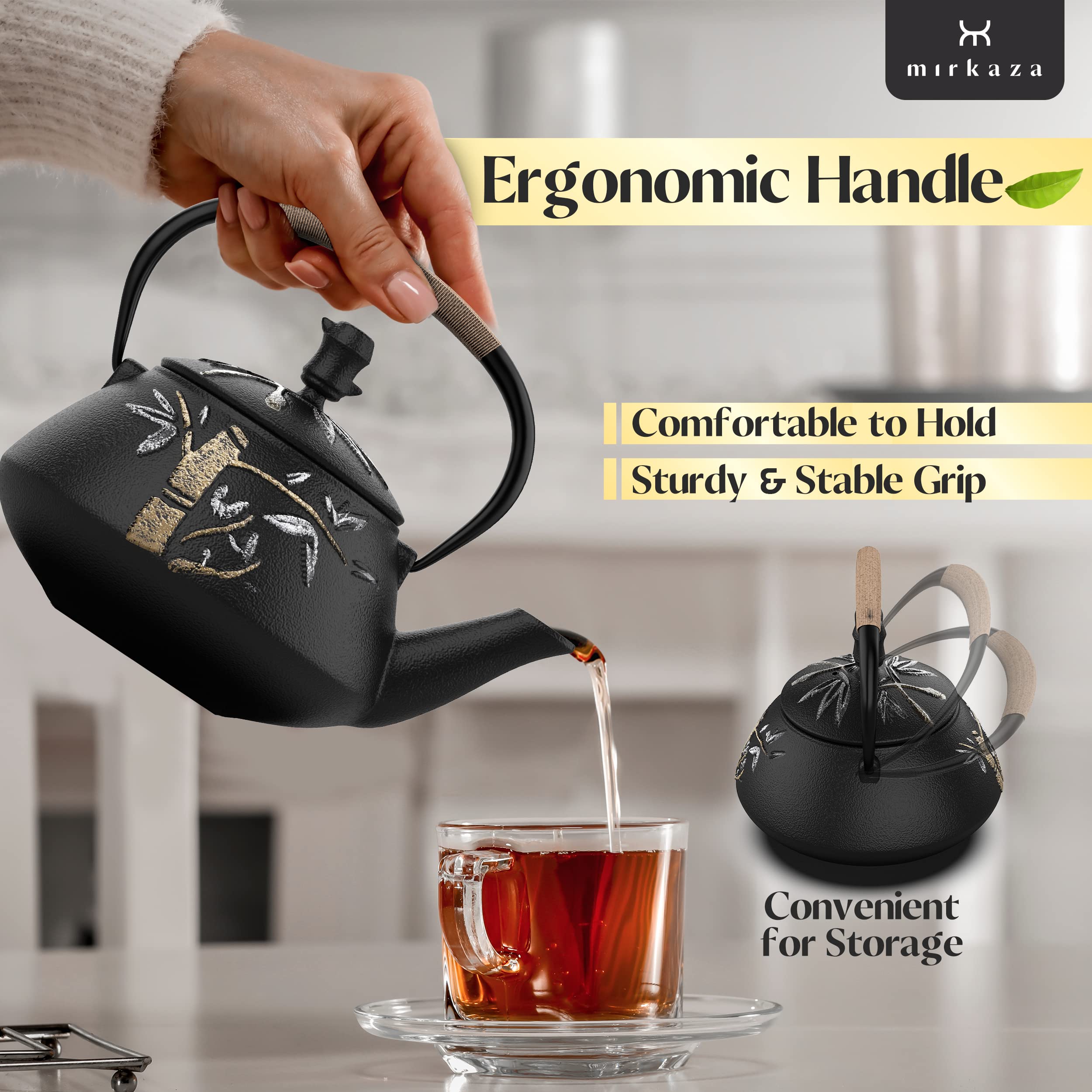 Tea Kettle, Cast Iron Tea Pot With Stainless Steel Infuser, Japanese Tea Pots For Stove Top, Unique Hand Painted Bamboo Pattern,