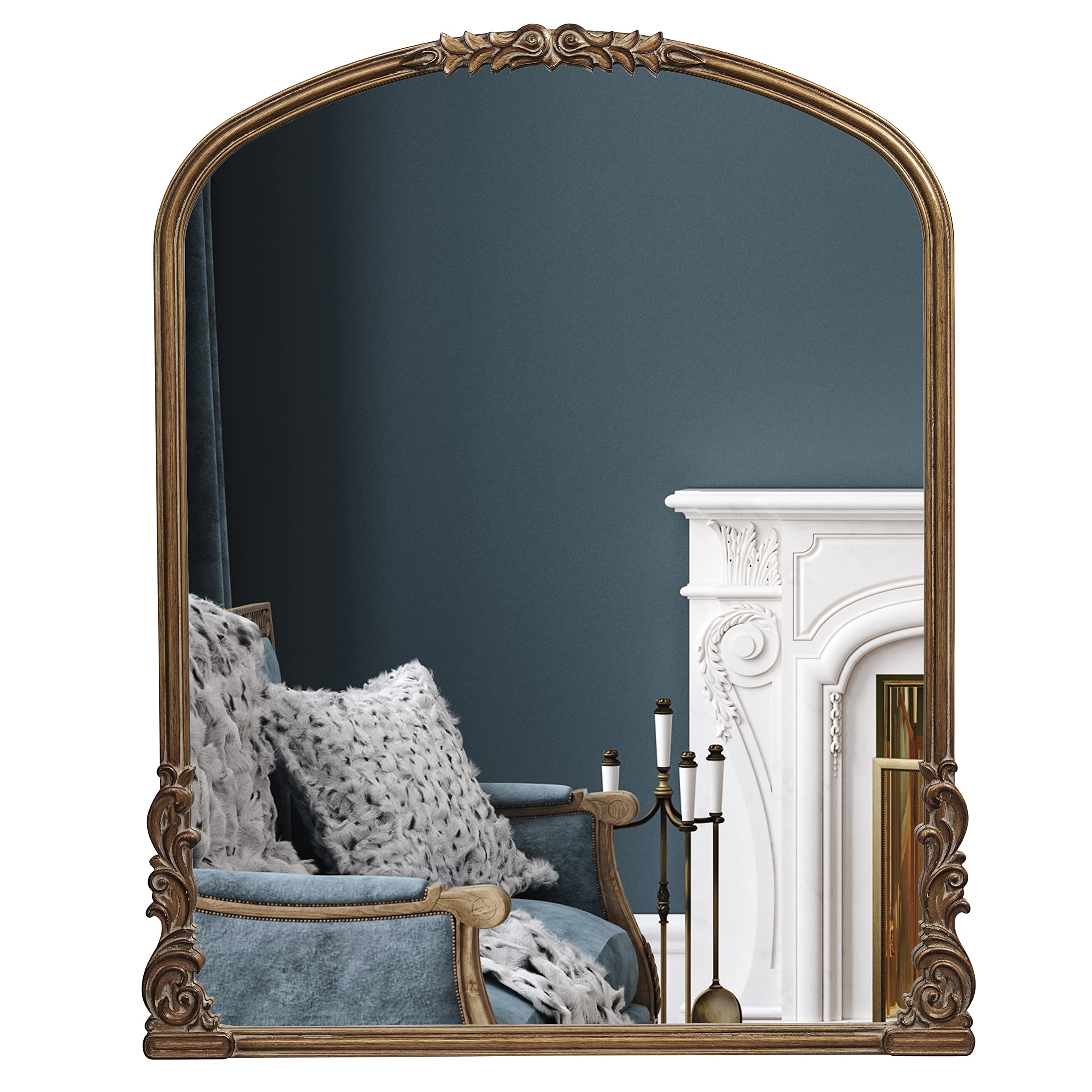 Wylde Iris English Estate Carved Arch Wood Wall Mirror, Mirror for Entryway, Living Room, Bathroom, Antique Gold, 28.4x35