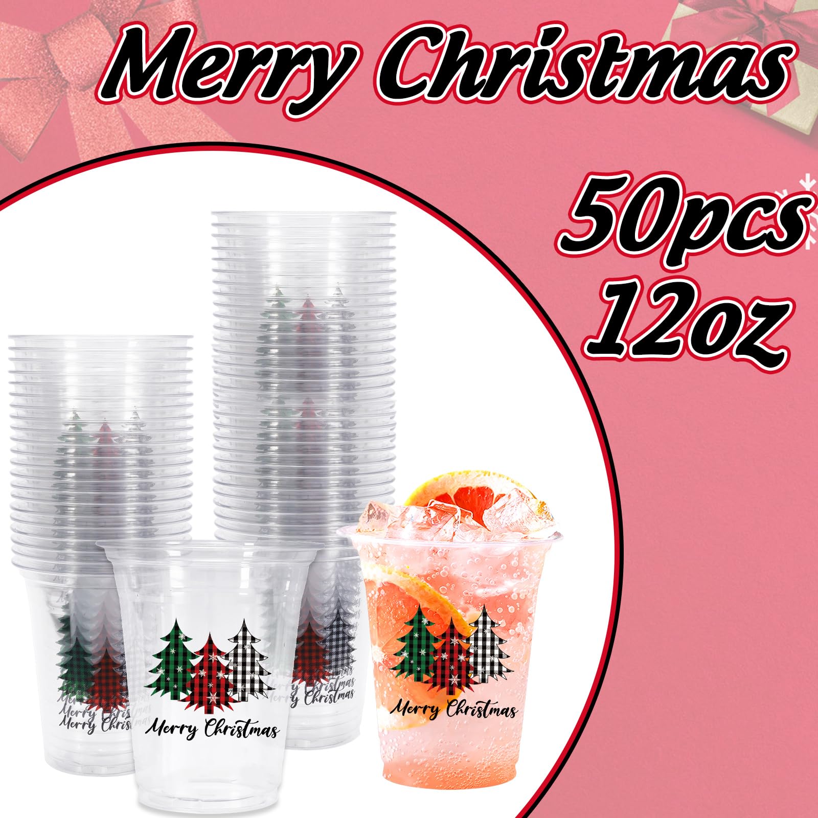 Whaline 50Pcs 12oz Christmas Disposable Cups Black Green Red Plaid Plastic Party Cups Christmas Tree Clear Plastic Glasses for X