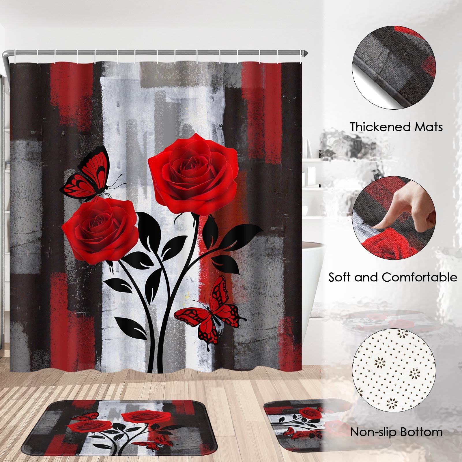 Pamnest Shower Curtain Set - Red Rose Waterproof Bathroom Decor, 72" x 72", Includes Rugs & Lid Cover, Model AZT10083144-YS4-JP