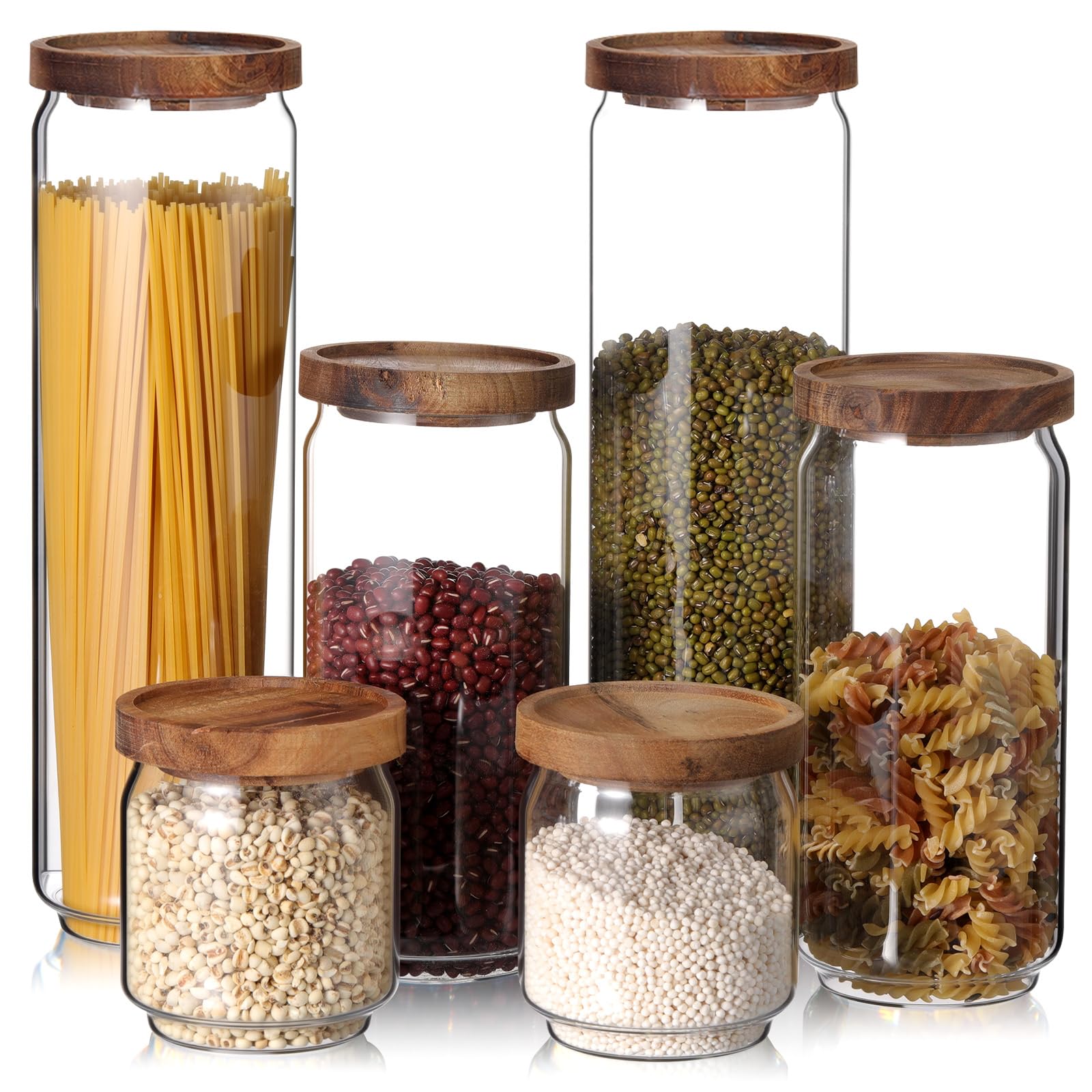 SiliFine Glass Pantry Storage Jar with Lid, 6 Set, Wood Lid