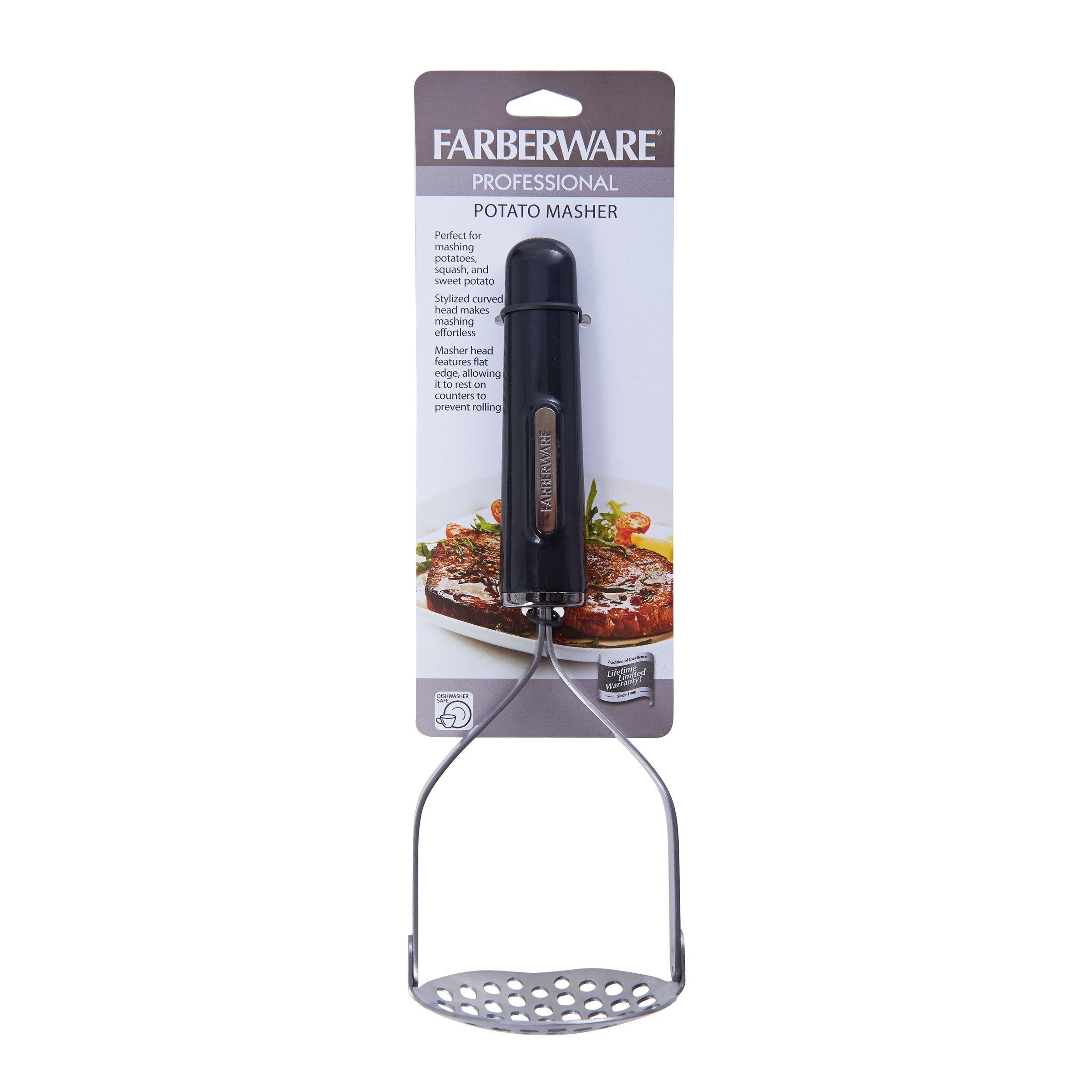 Farberware Professional Stainless Steel Potato Masher With Comfort Grip Handle, Black