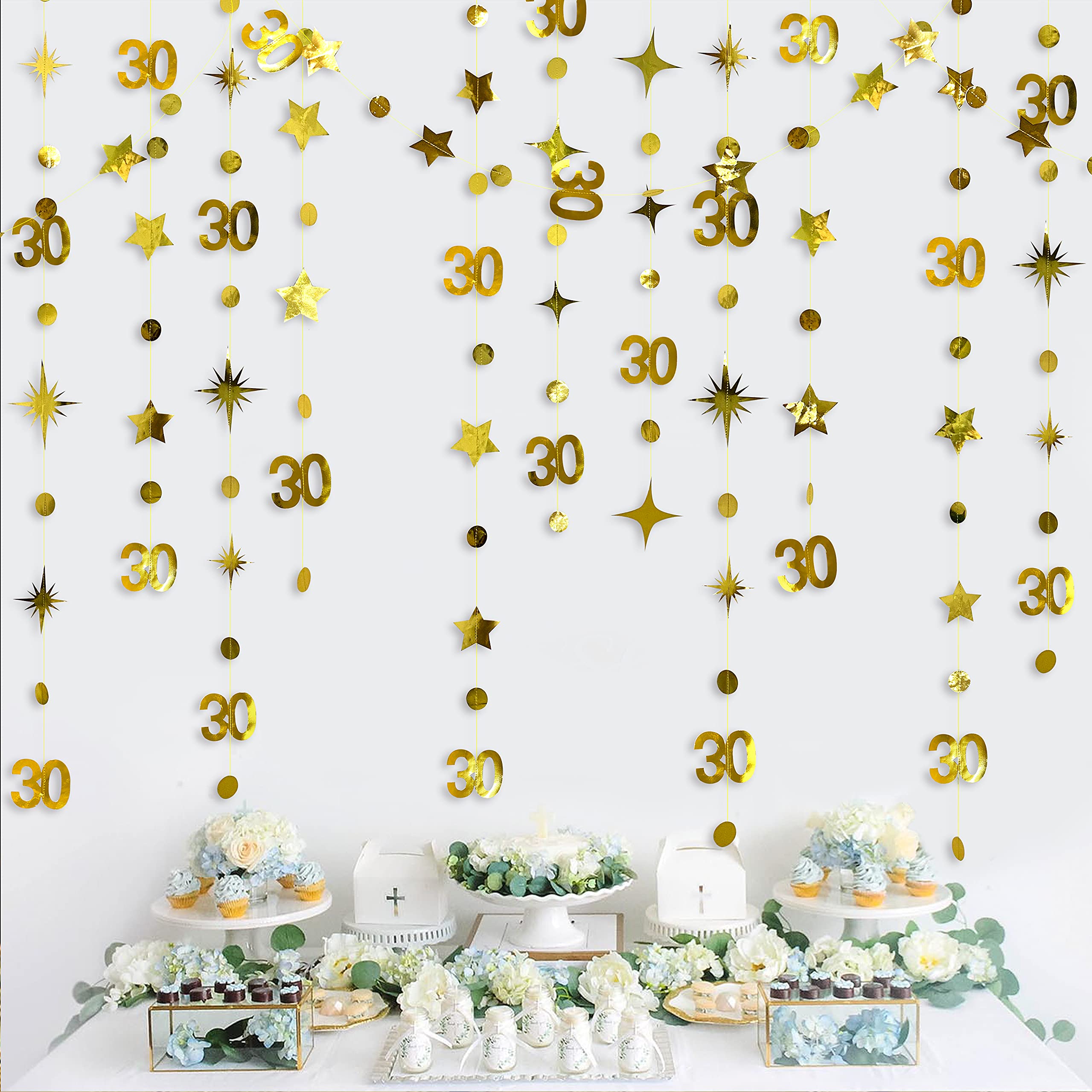 Gold 30Th Birthday Decorations Number 30 Circle Dot Twinkle Star Garland Metallic Hanging Streamer Bunting Banner Backdrop For H