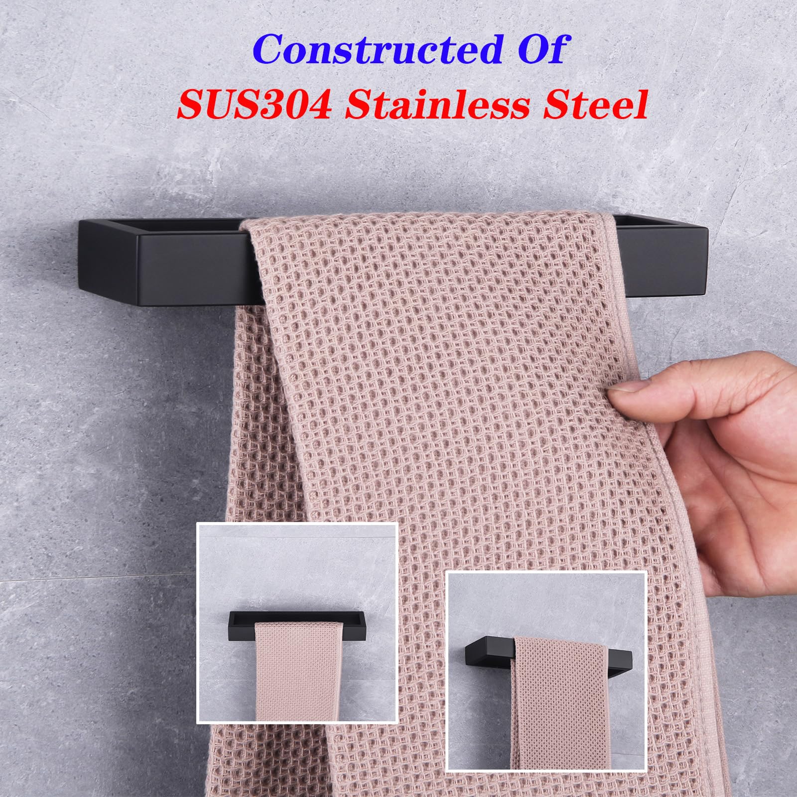 GERZWY Bathroom Accessory 2-Piece Set SUS 304 Stainless Steel Toilet Paper Holder Towel Ring Wall Mount  Matte Black HG1708-2BK