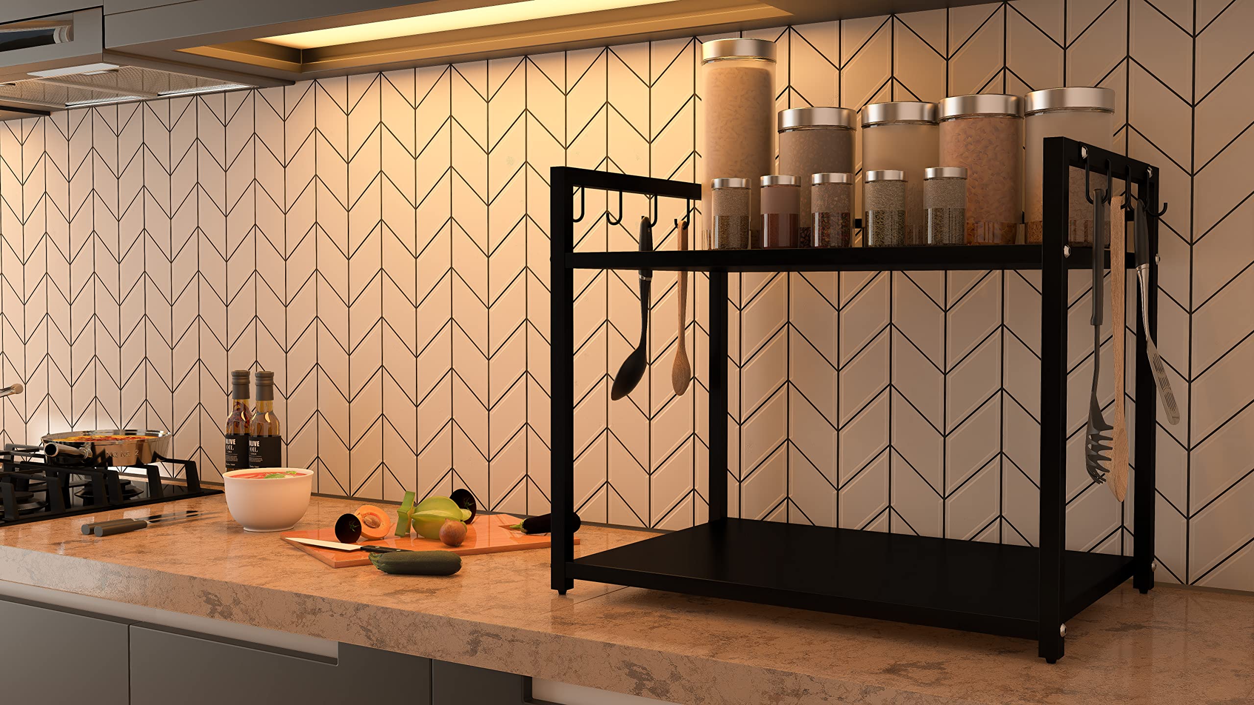 DECOWORLD || Metal Microwave Stand || Microwave & OTG Stand for Kitchen Counter|| Double Platform for Extra Storage with Hooks||